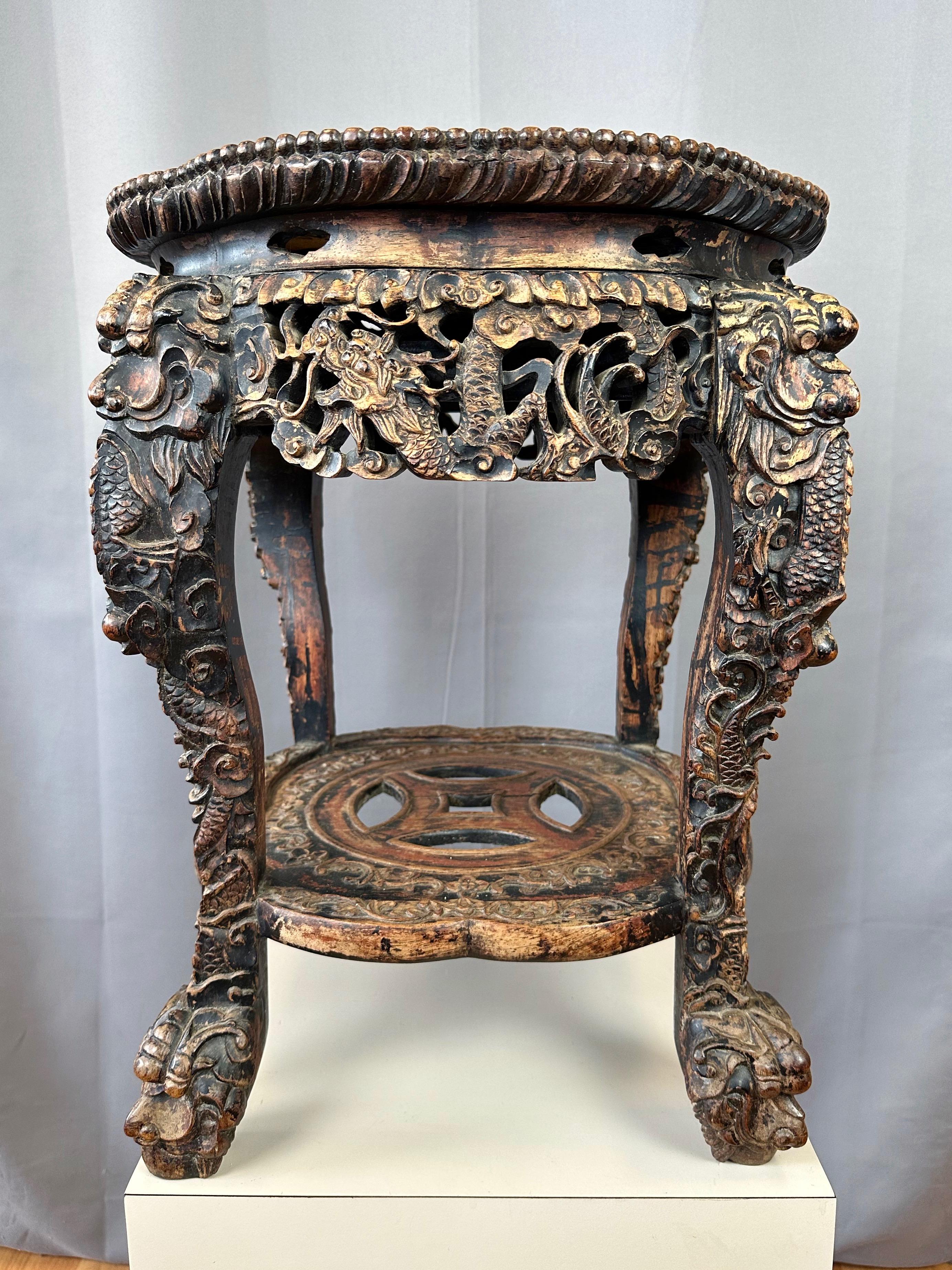 Chinese Dragon Motif Hand-Carved Ebonized Elm and Marble Taboret, Mid 19th C. For Sale 1