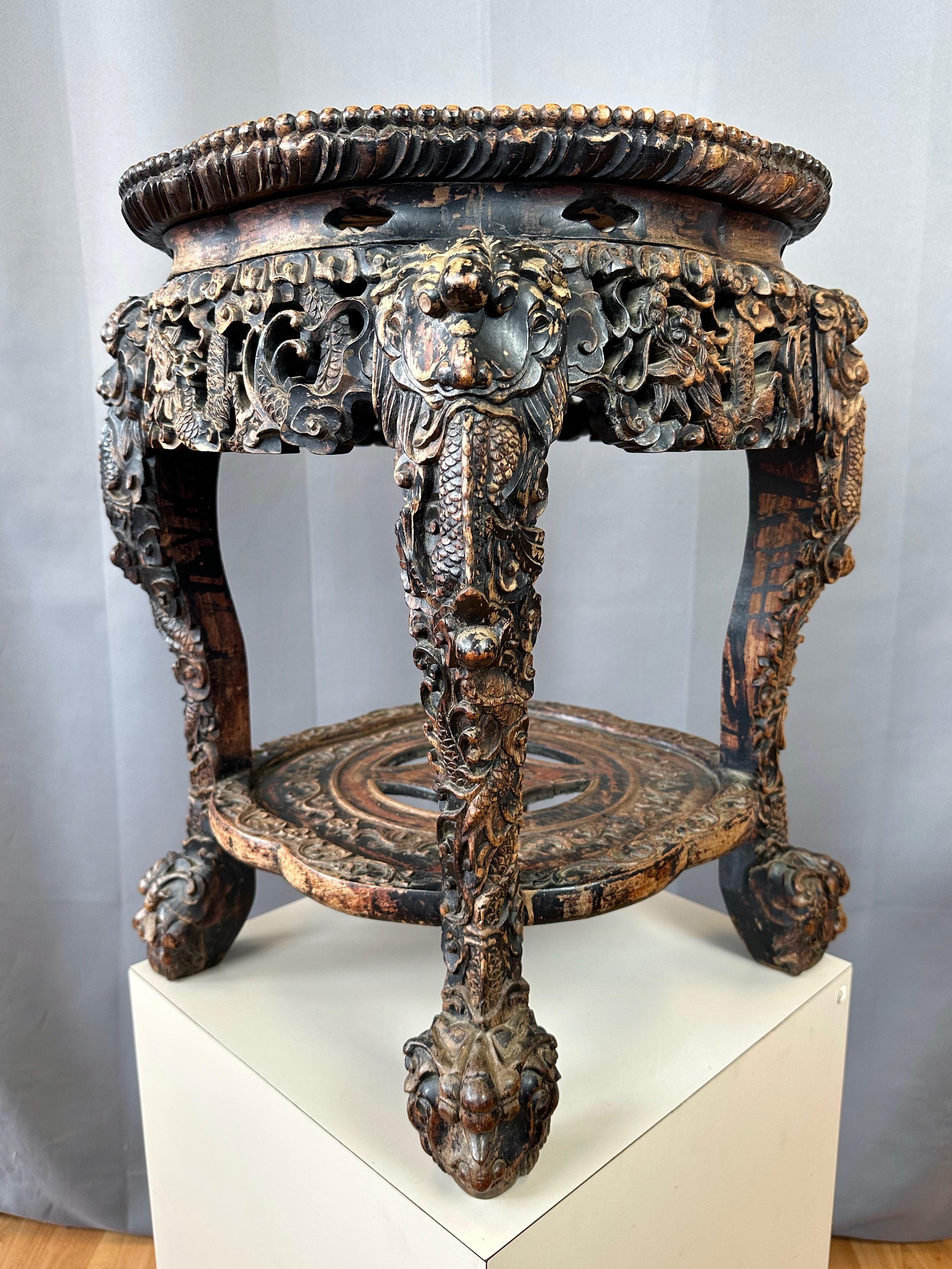 Chinese Dragon Motif Hand-Carved Ebonized Elm and Marble Taboret, Mid 19th C. For Sale 2