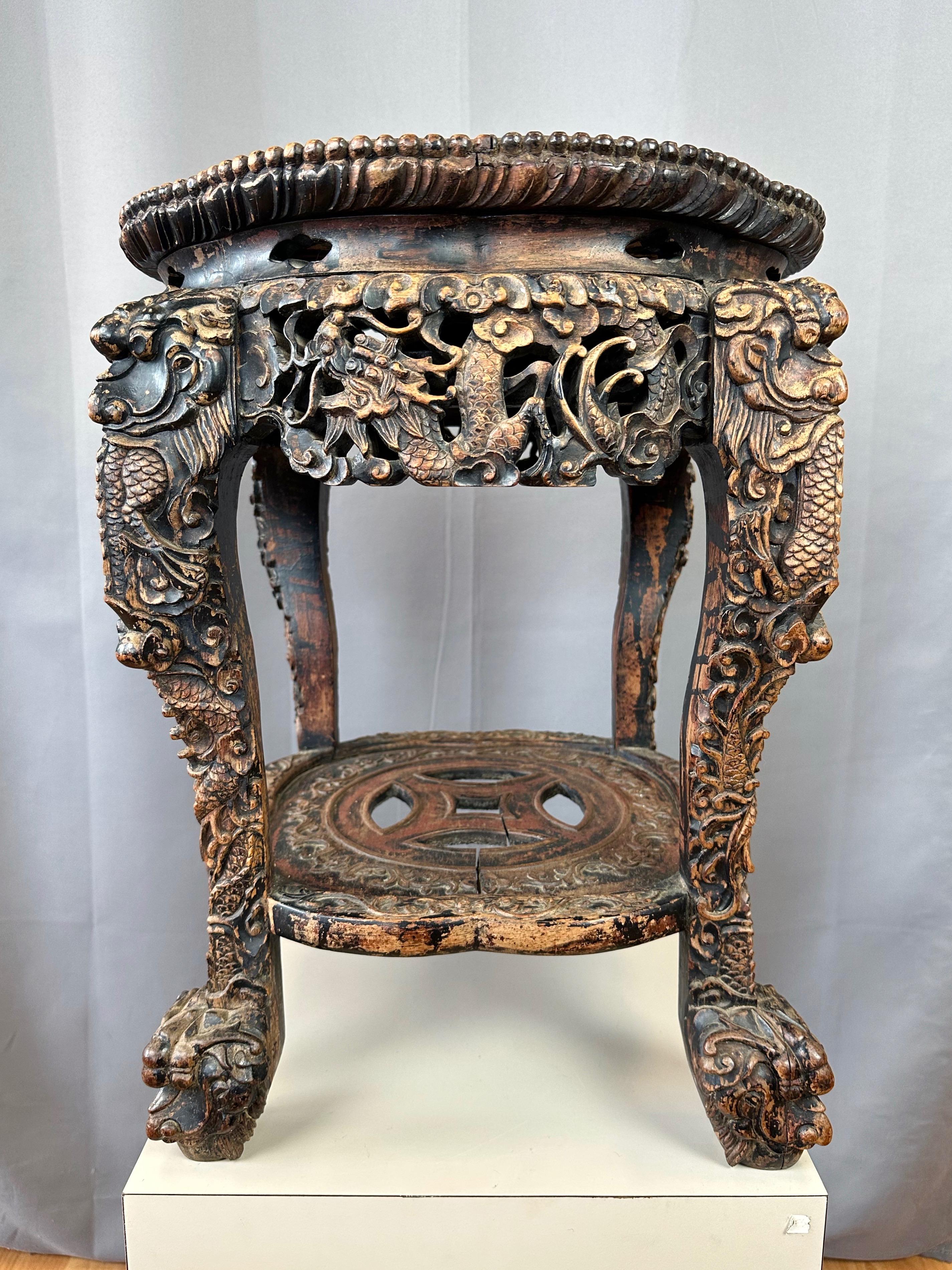 Chinese Dragon Motif Hand-Carved Ebonized Elm and Marble Taboret, Mid 19th C. For Sale 3