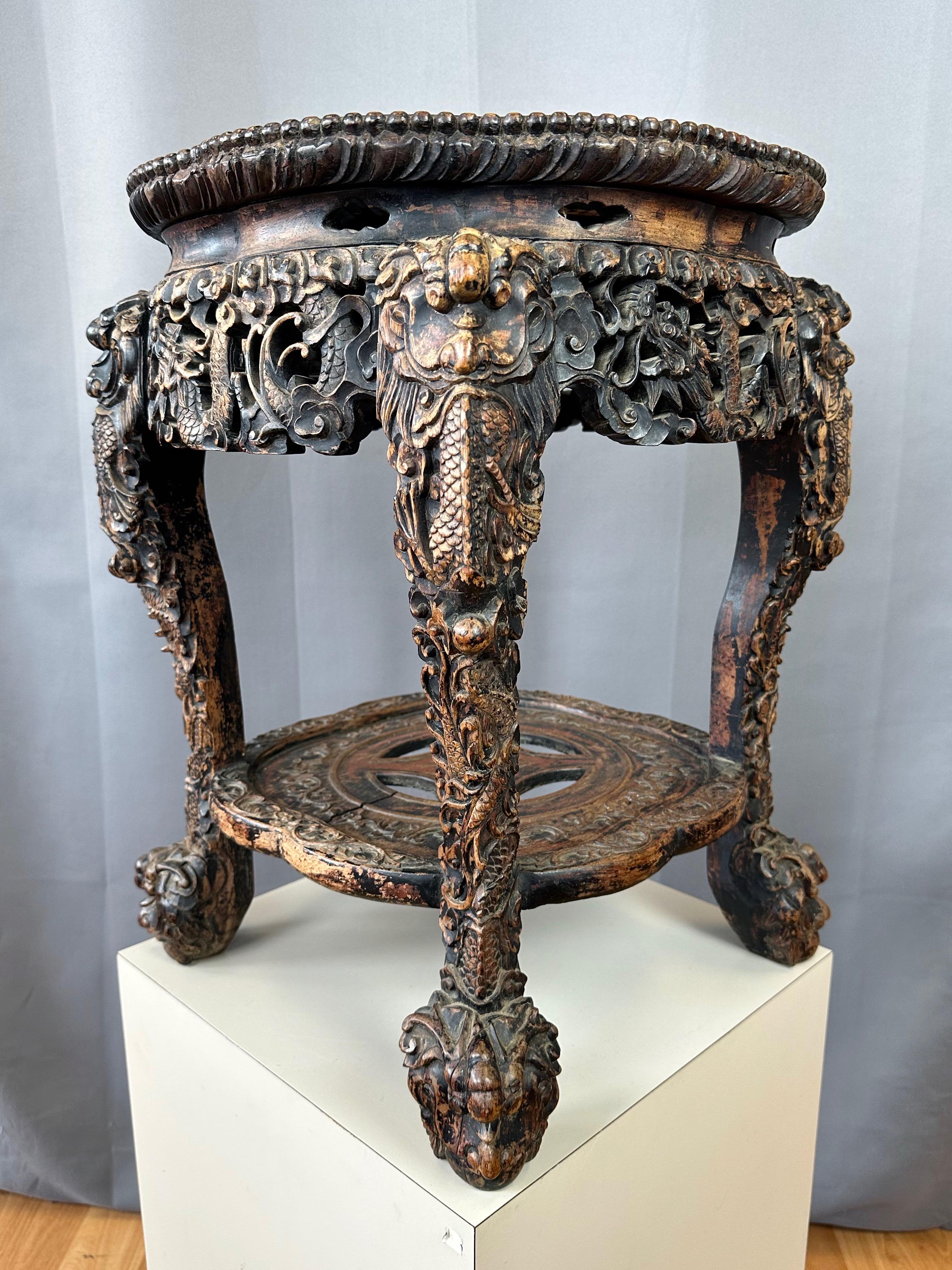 Chinese Dragon Motif Hand-Carved Ebonized Elm and Marble Taboret, Mid 19th C. For Sale 4