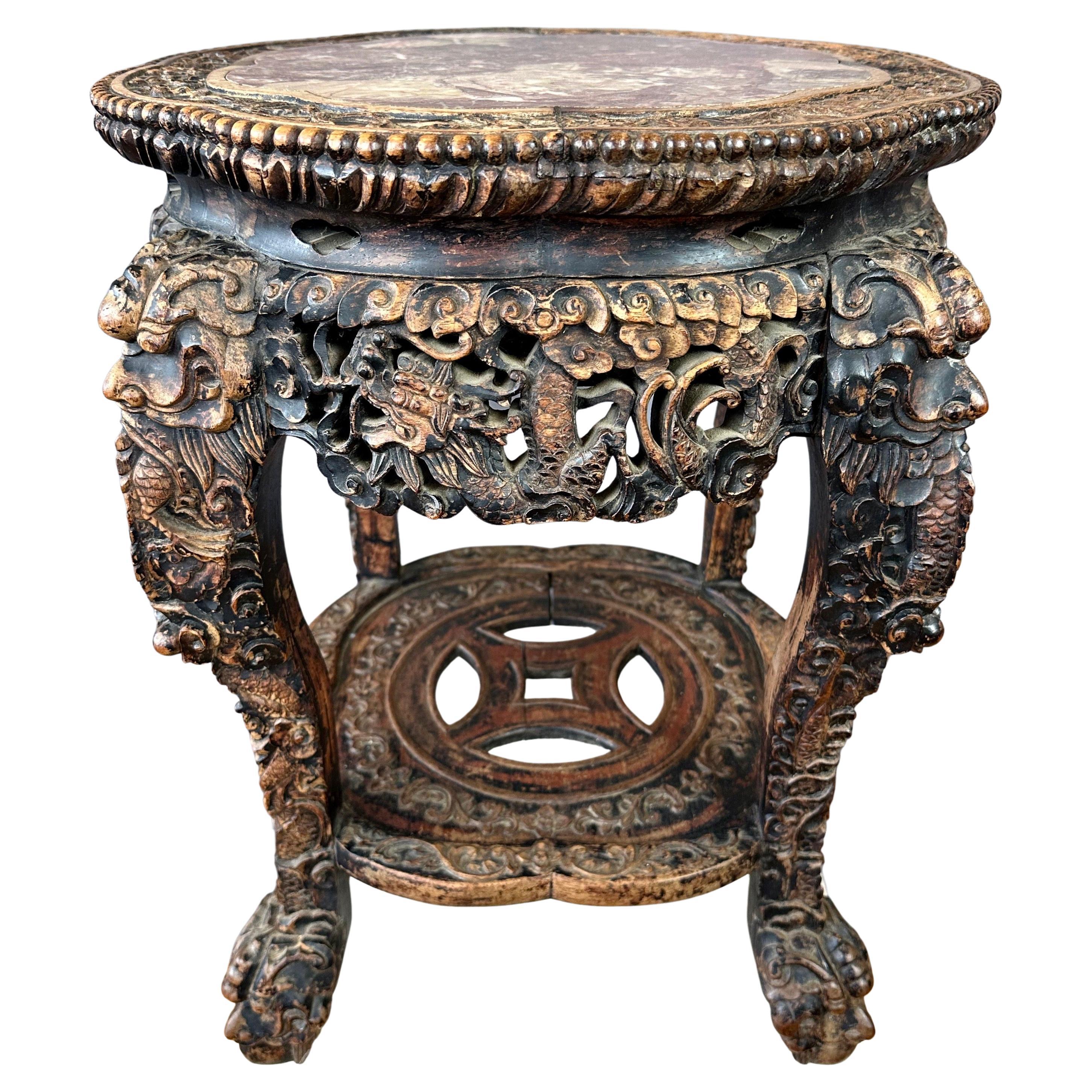 Chinese Dragon Motif Hand-Carved Ebonized Elm and Marble Taboret, Mid 19th C. For Sale