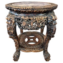 Used Chinese Dragon Motif Hand-Carved Ebonized Elm and Marble Taboret, Mid 19th C.