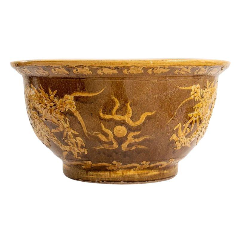 Chinese Dragon Motif Ochre Jardiniere In Good Condition For Sale In Locust Valley, NY
