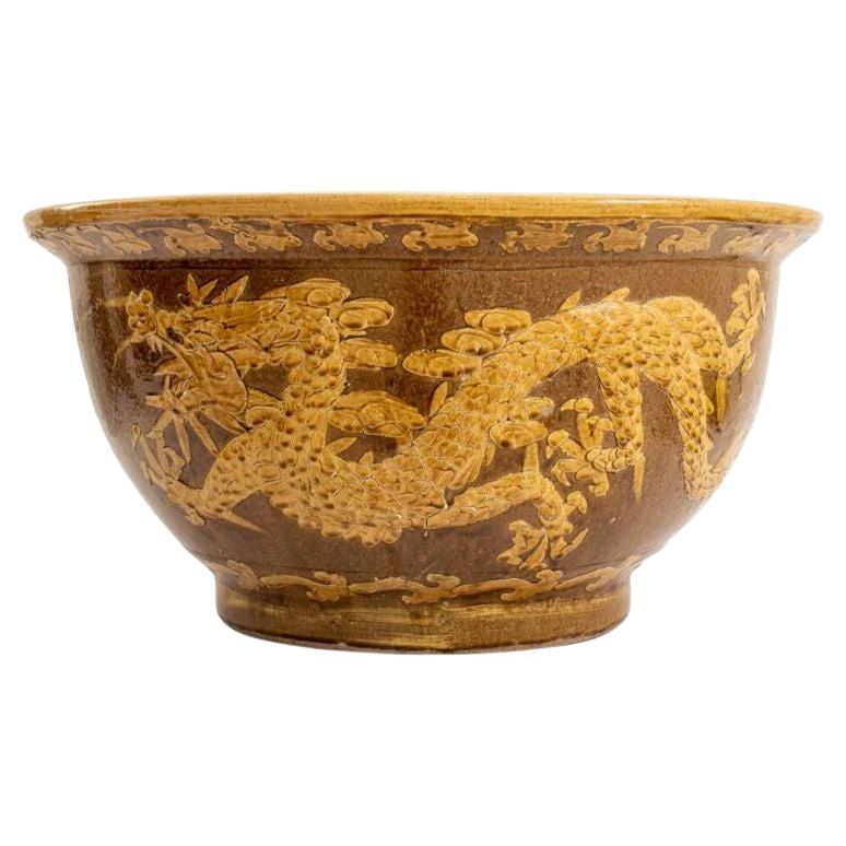 Chinese Dragon Motif Ochre Jardiniere For Sale
