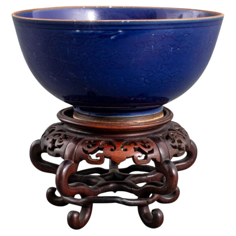 Chinese Dragon Motif Powder Blue Porcelain Bowl For Sale