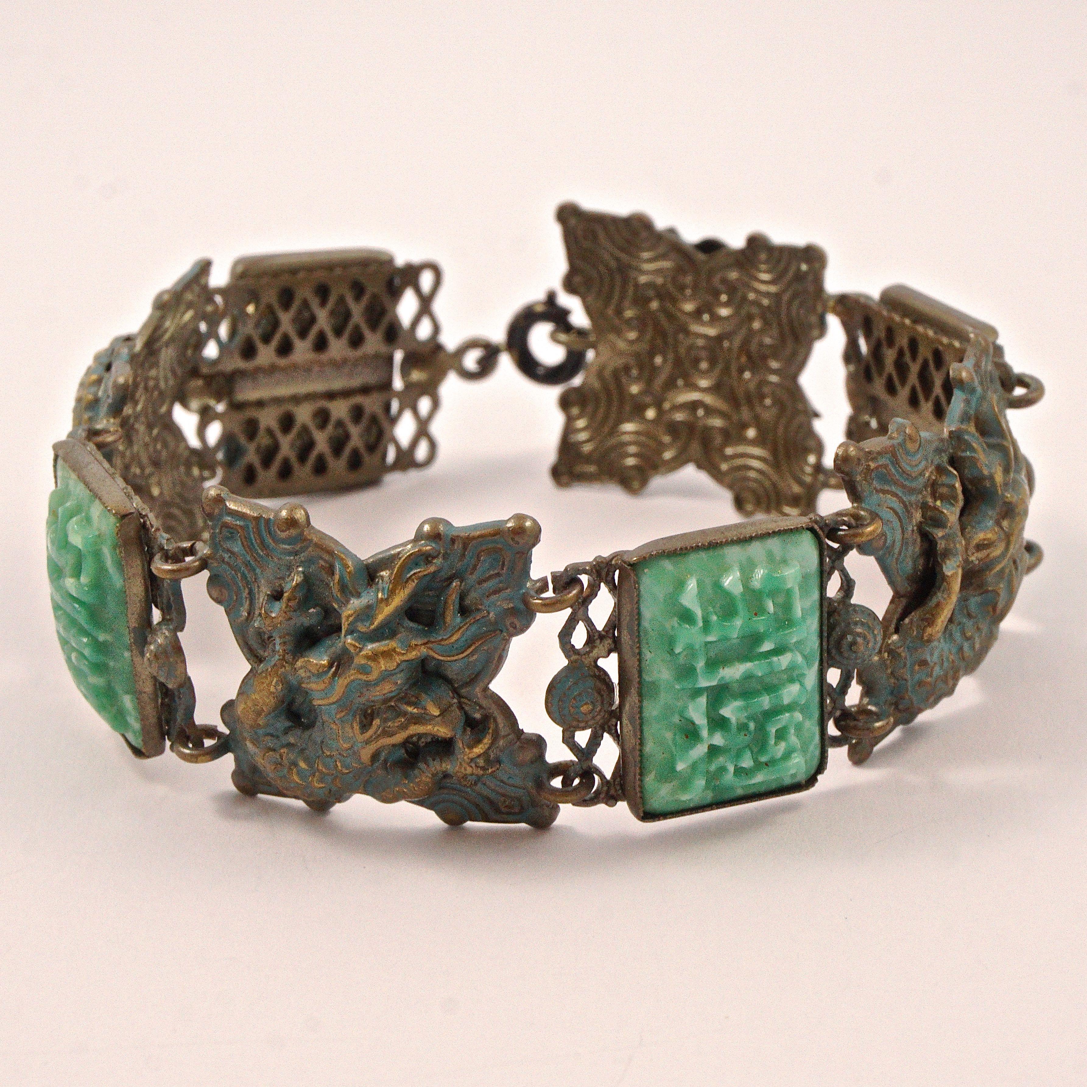 Women's or Men's Chinese Dragon Peking Glass Gold Blue Enamel Link Bracelet circa 1930s