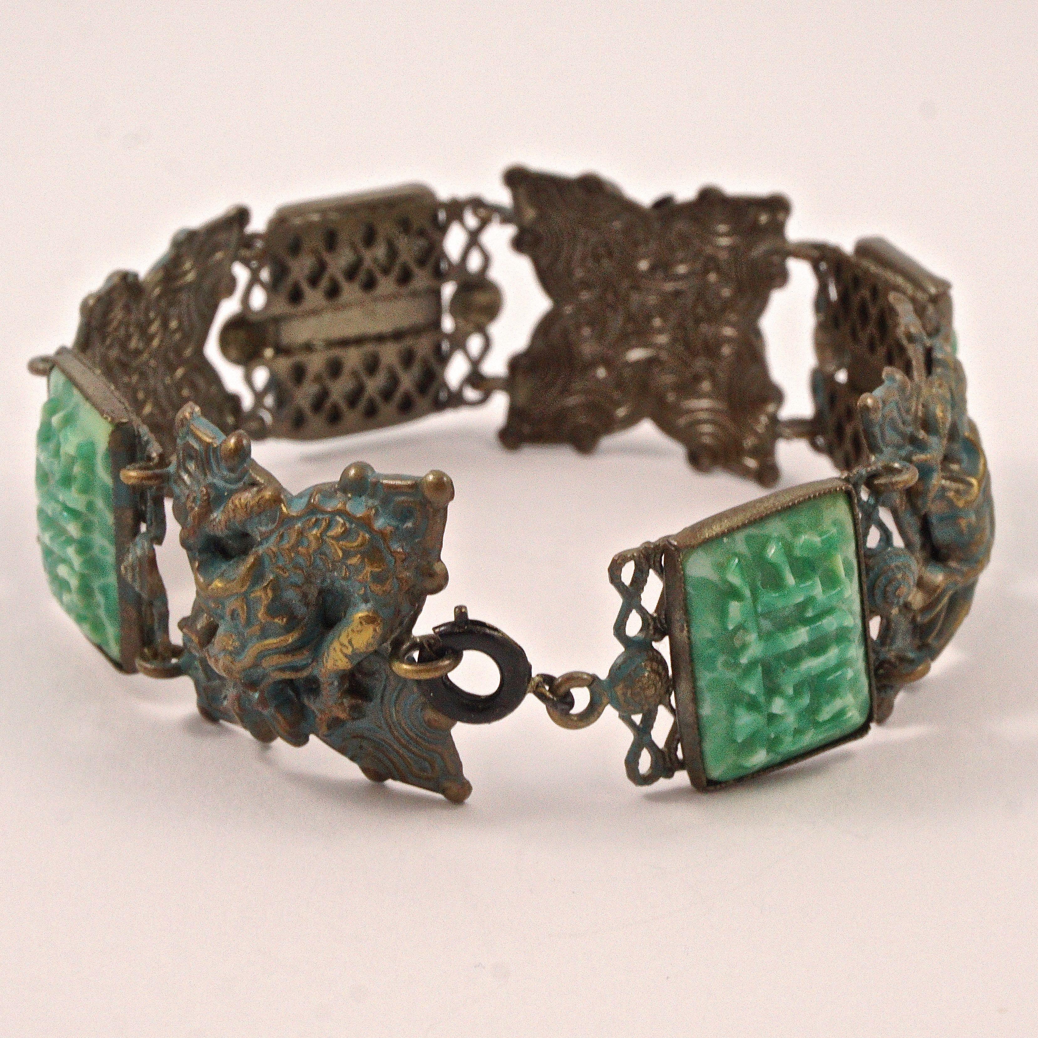 Chinese Dragon Peking Glass Gold Blue Enamel Link Bracelet circa 1930s 1