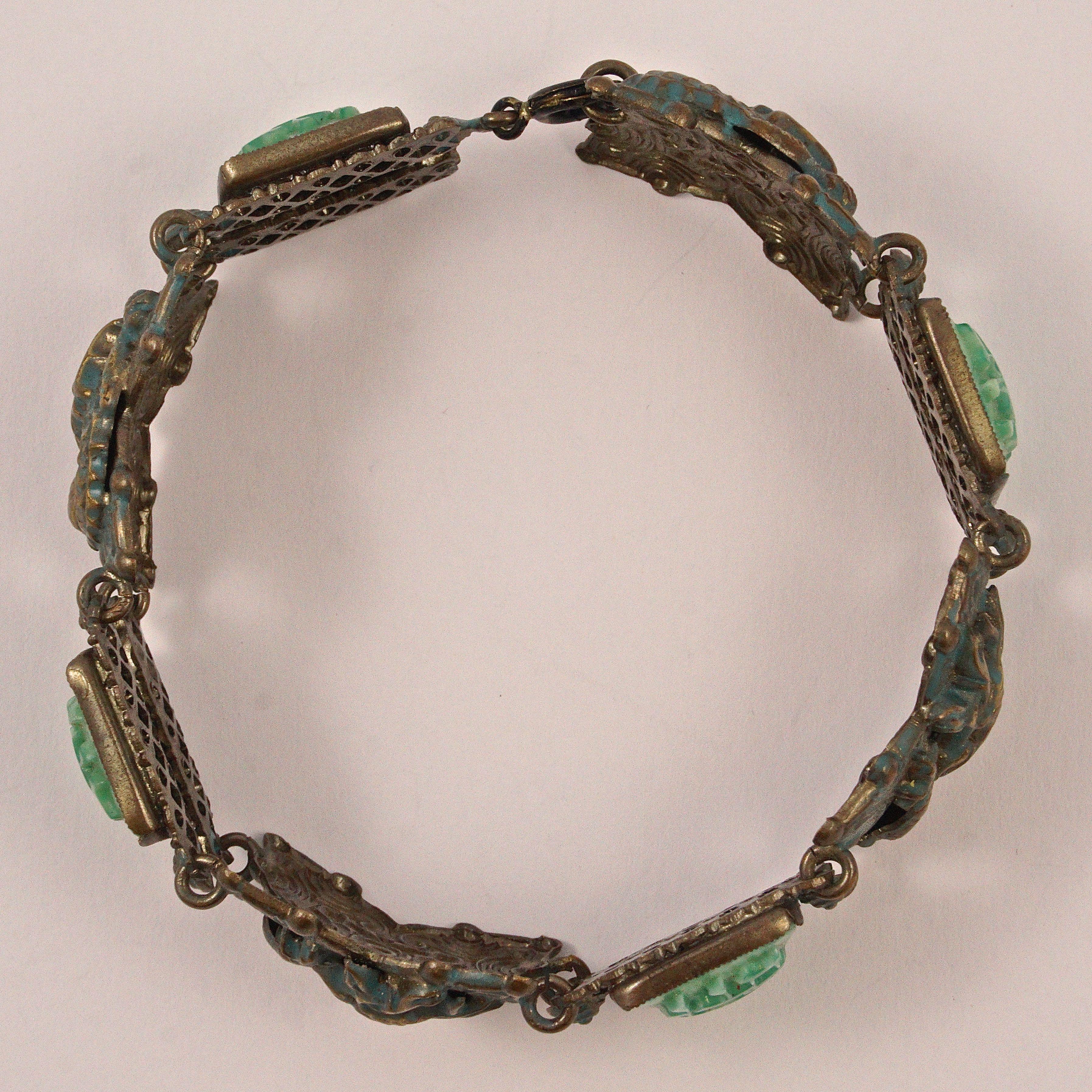 Chinese Dragon Peking Glass Gold Blue Enamel Link Bracelet circa 1930s 2
