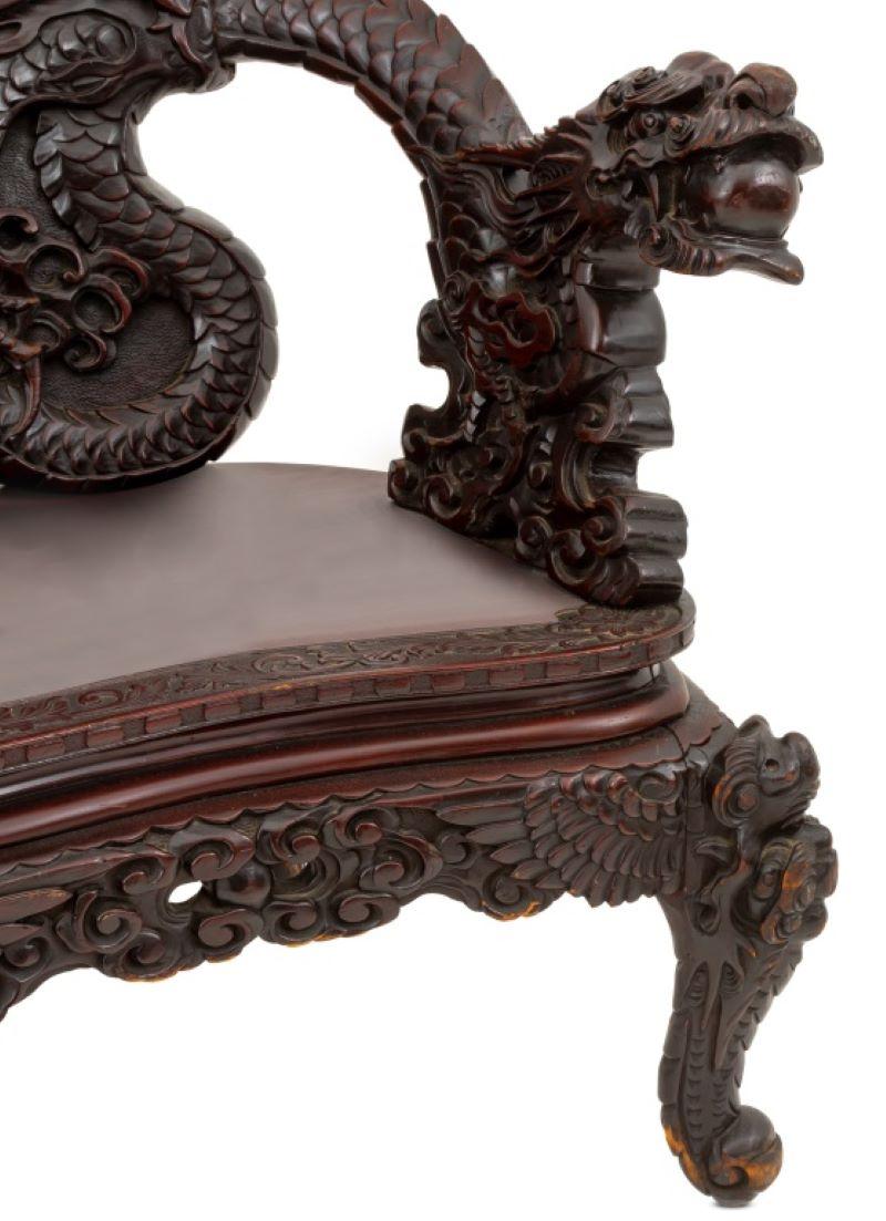 Chinese Dragon & Phoenix Motif Carved Wood Settee In Good Condition In Astoria, NY