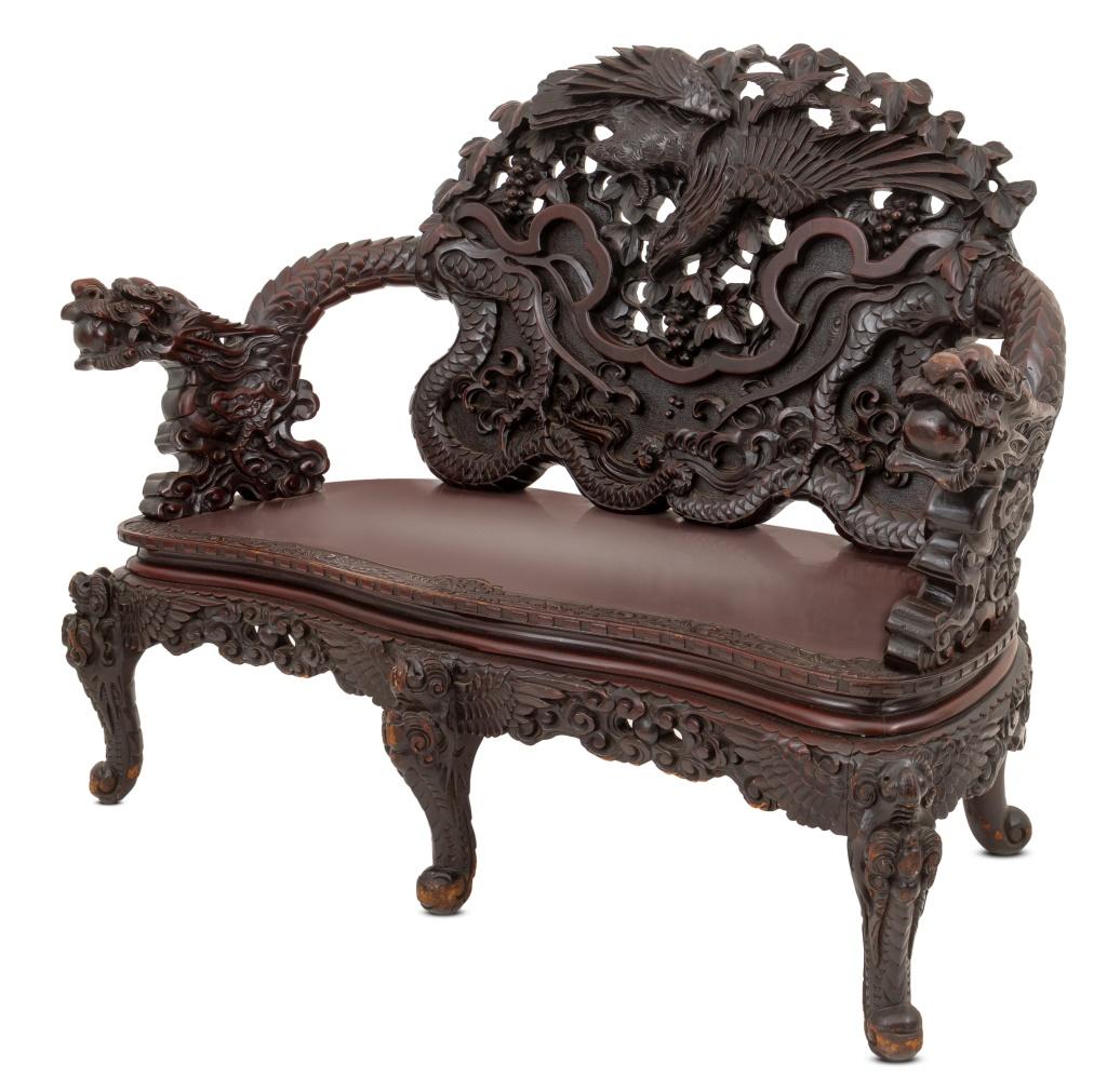 20th Century Chinese Dragon & Phoenix Motif Carved Wood Settee