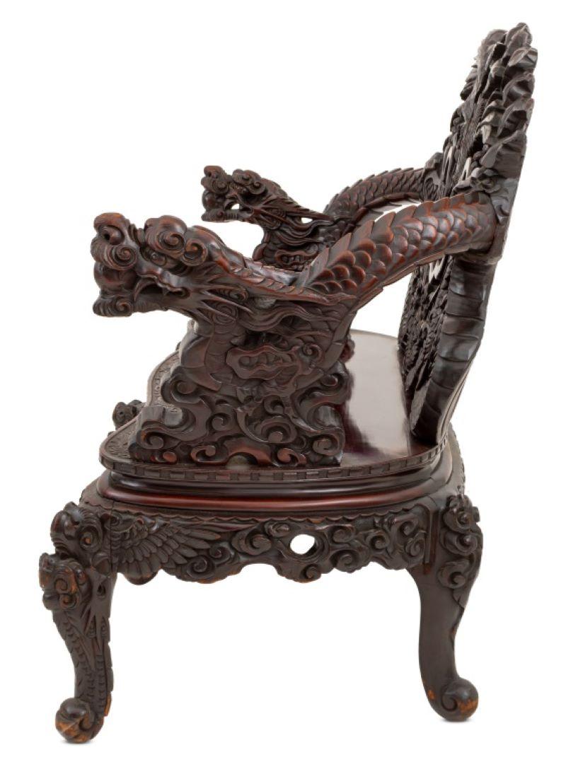 Chinese Dragon & Phoenix Motif Carved Wood Settee 1