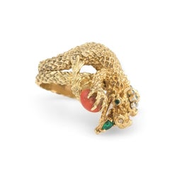 Chinese Dragon Ring Vintage 18k Gold Coral Emerald Estate Fine Animal Jewelry 8