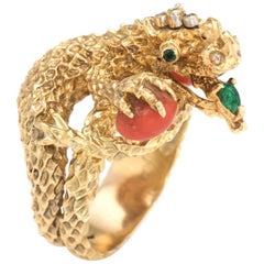 Chinese Dragon Ring Vintage 18k Gold Coral Emerald Estate Fine Animal Jewelry 8