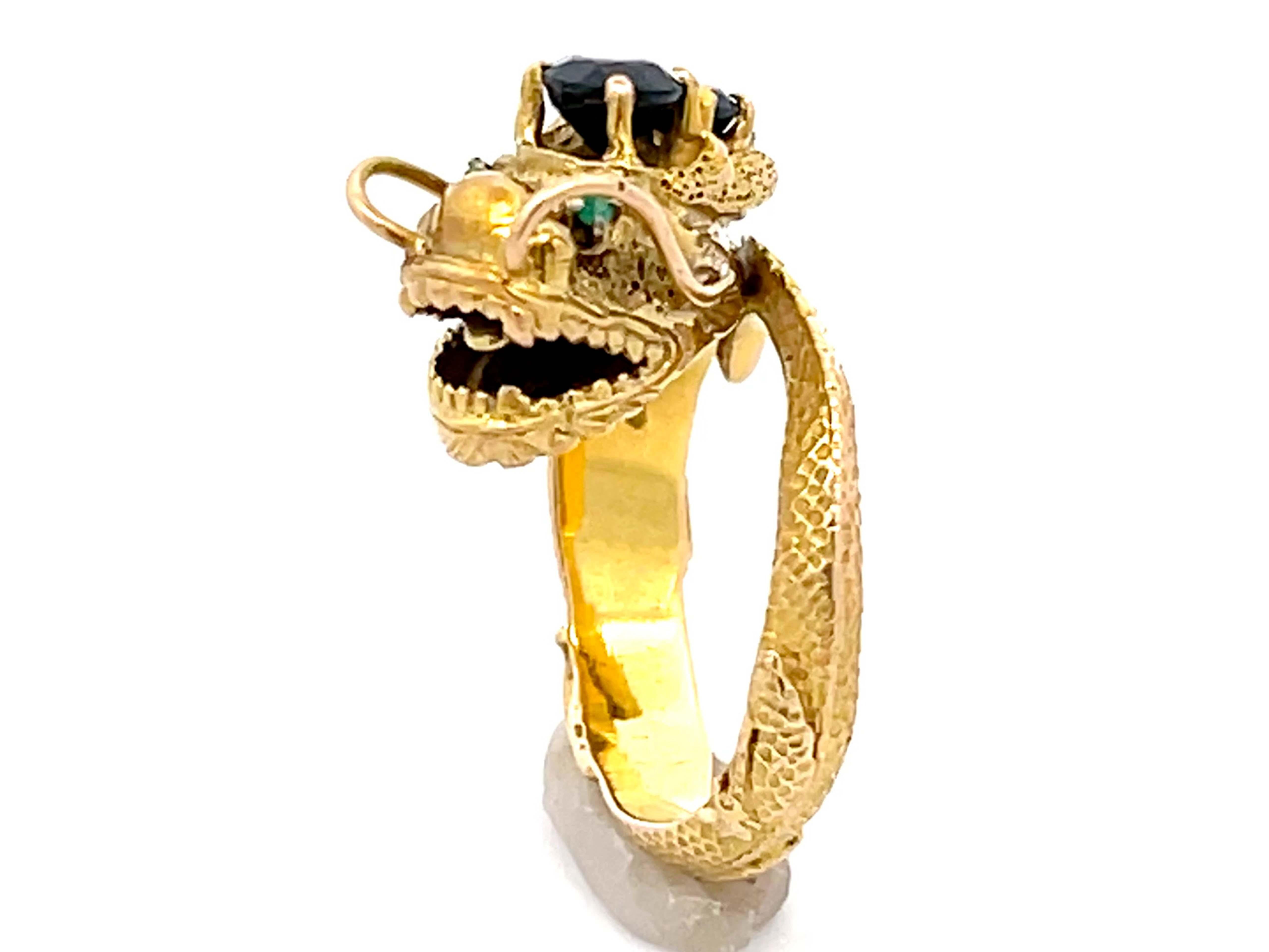 Modern Chinese Dragon Wraparound Ring with Sapphires & Emerald Eyes in 14k Yellow Gold For Sale