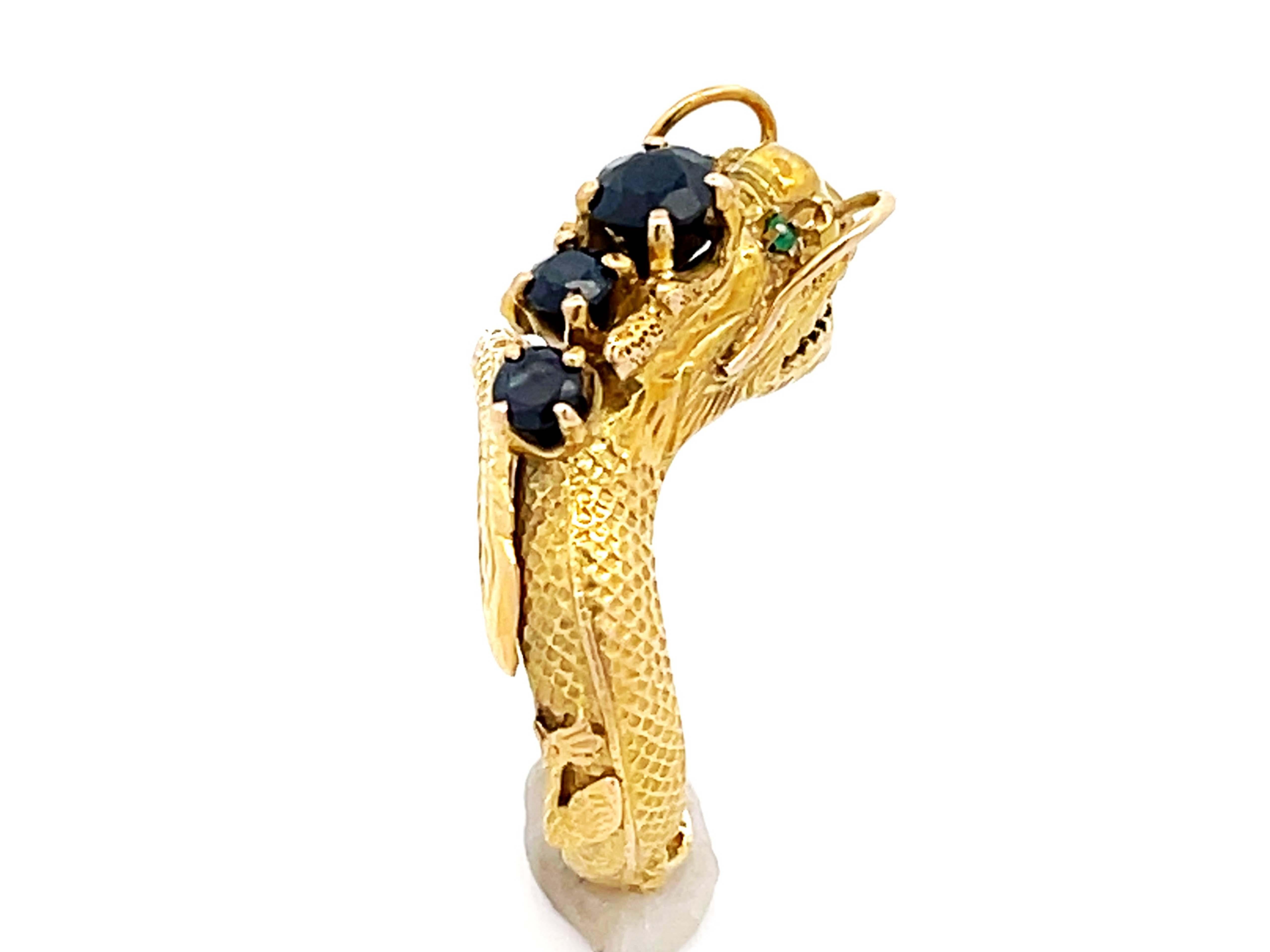 Round Cut Chinese Dragon Wraparound Ring with Sapphires & Emerald Eyes in 14k Yellow Gold For Sale