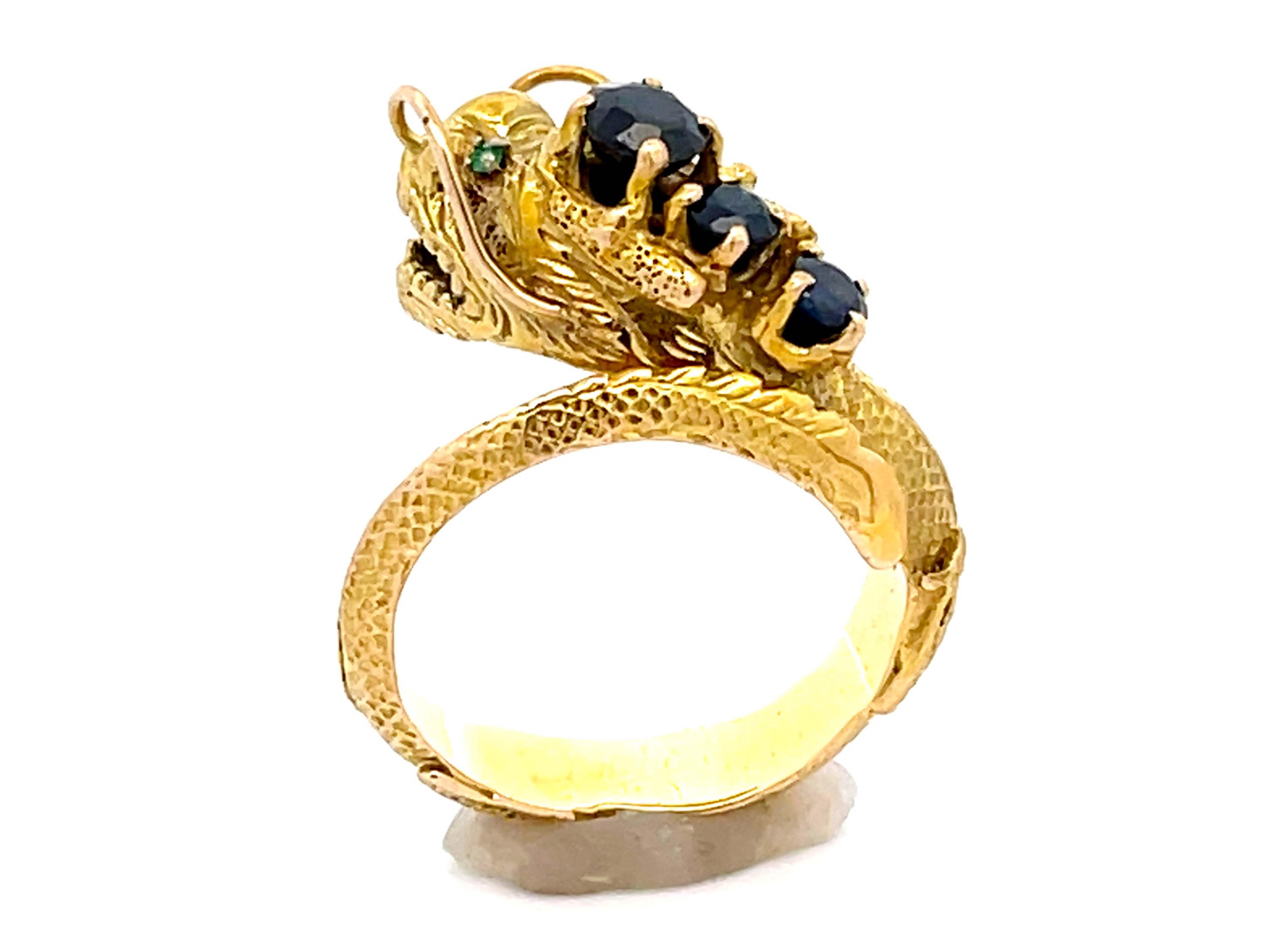 Women's or Men's Chinese Dragon Wraparound Ring with Sapphires & Emerald Eyes in 14k Yellow Gold For Sale
