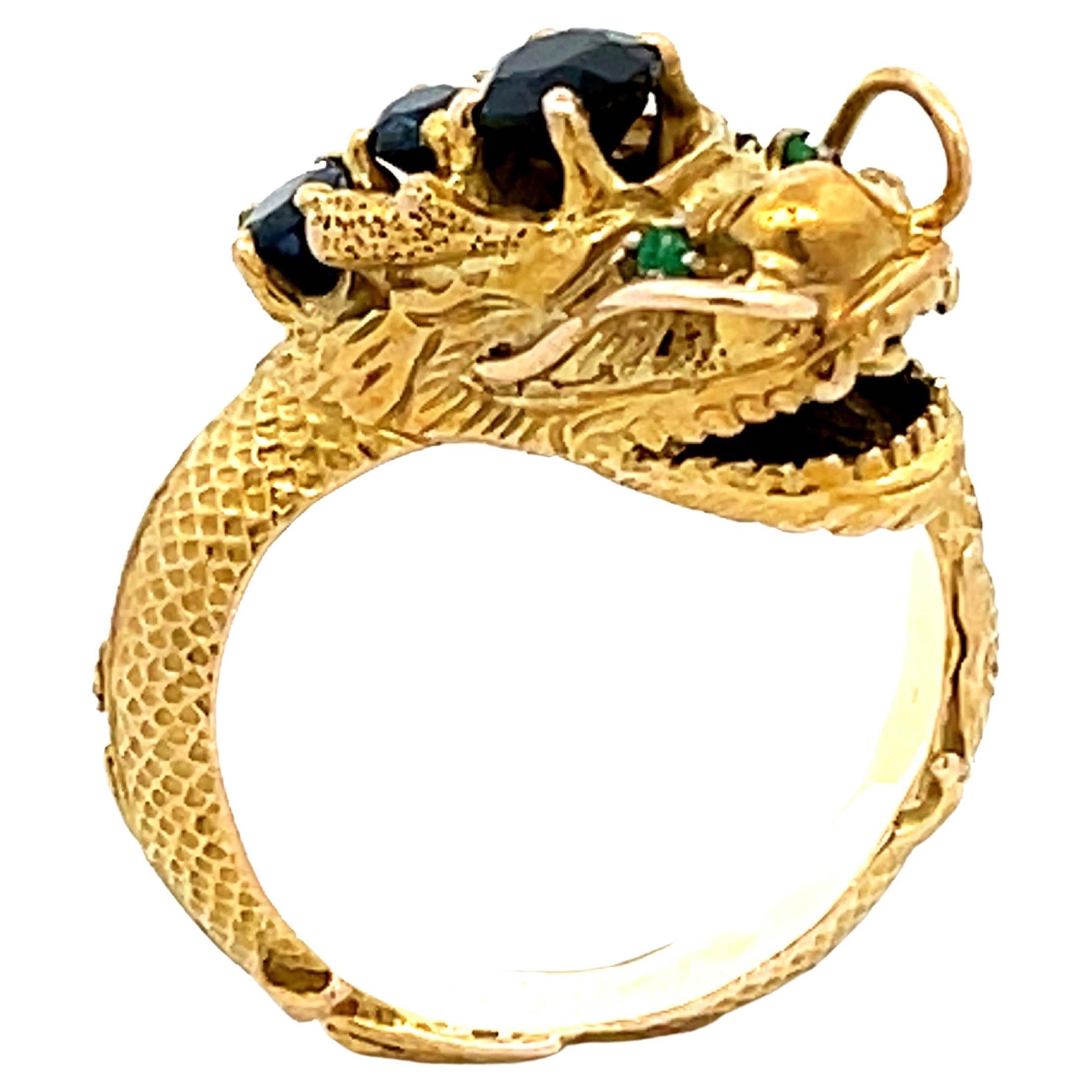 Chinese Dragon Wraparound Ring with Sapphires & Emerald Eyes in 14k Yellow Gold For Sale