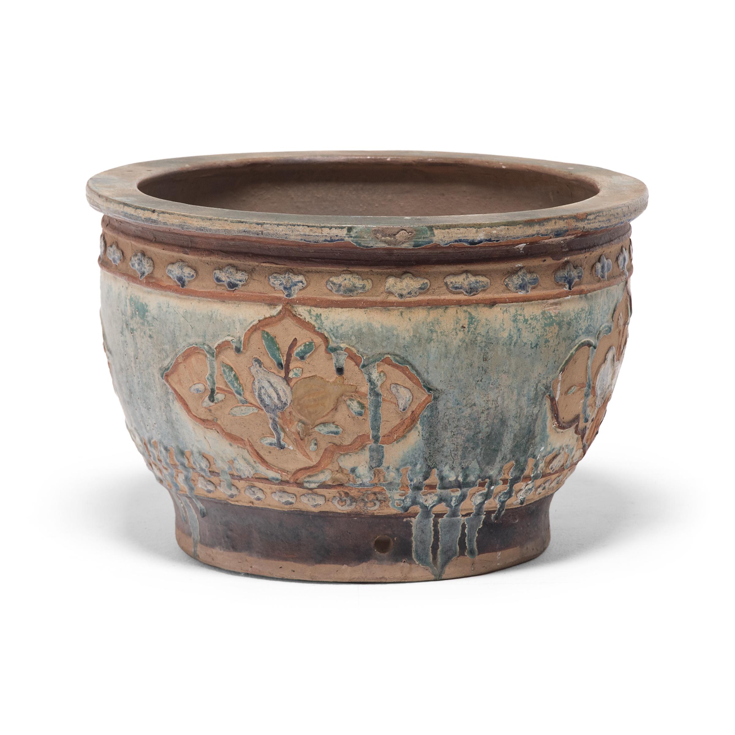 Rustic Chinese Drip Glaze Relief Planter, c. 1930 For Sale