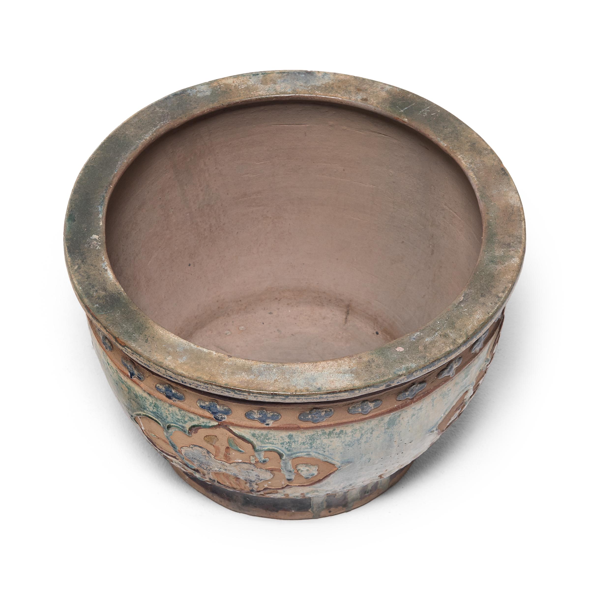 Ceramic Chinese Drip Glaze Relief Planter, c. 1930 For Sale