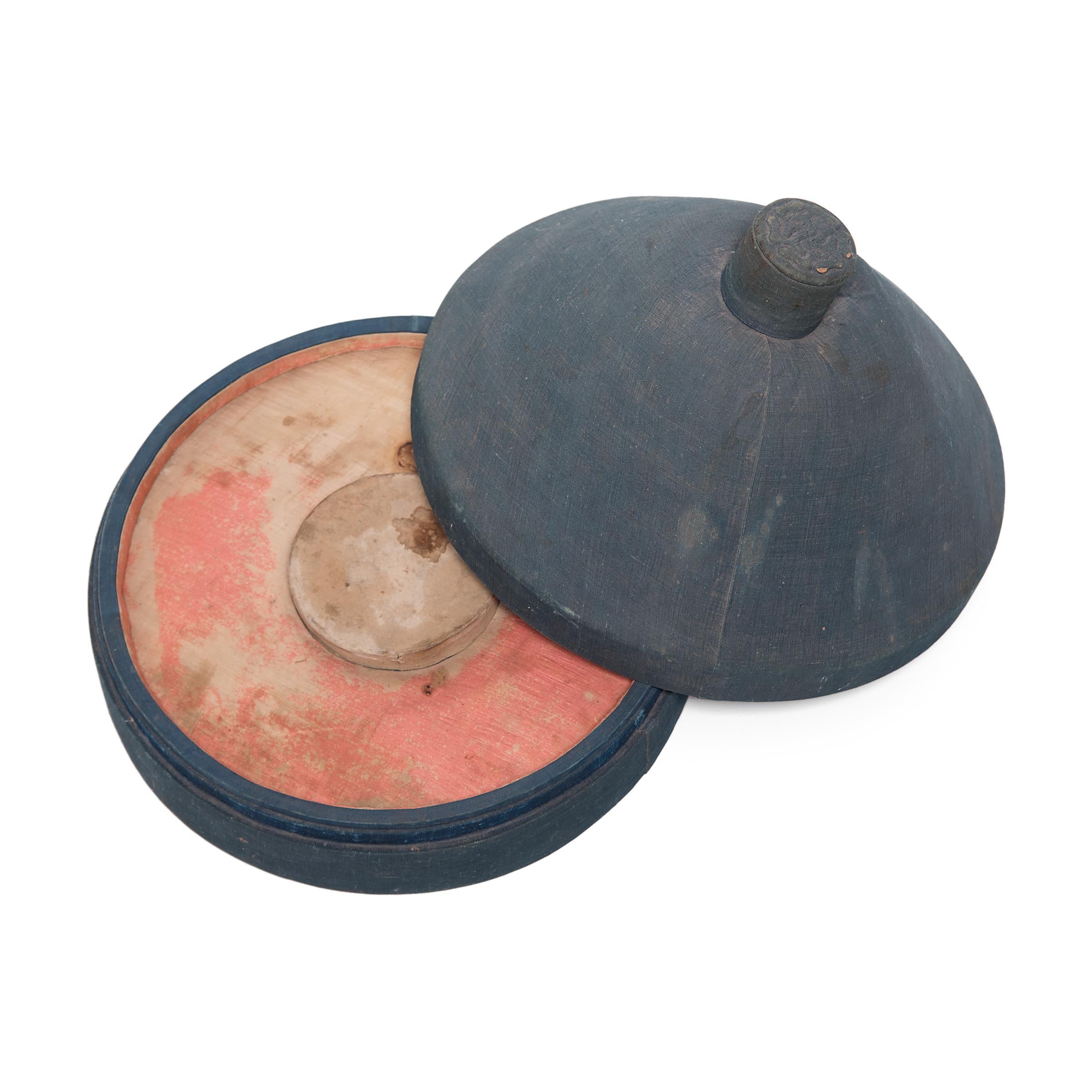 Fabric Chinese Dusty Blue Summer Hat Box, circa 1850