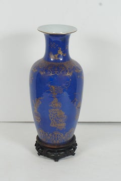 Chinese Early 19th Century Powder Blue Glazed Gilt Overlay Vase