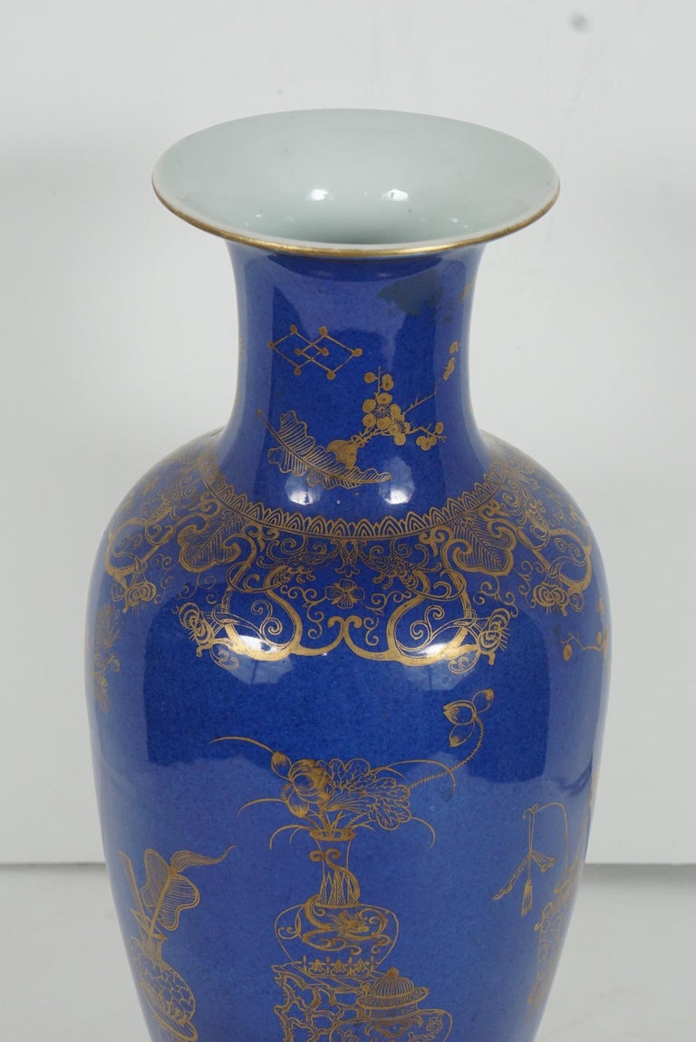Chinese Early 19th Century Powder Blue Glazed Gilt Overlay Vase In Fair Condition For Sale In Hudson, NY