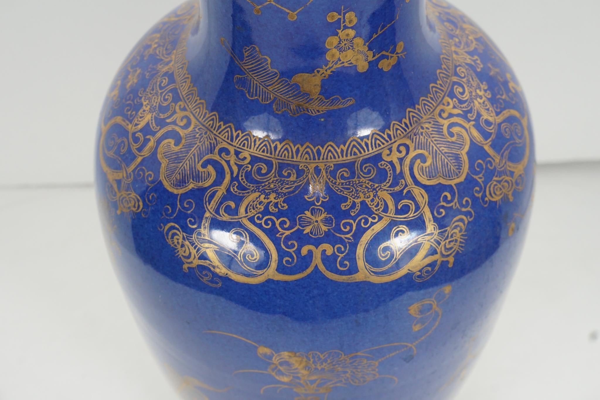 Porcelain Chinese Early 19th Century Powder Blue Glazed Gilt Overlay Vase For Sale