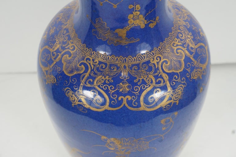 Chinese Early 19th Century Powder Blue Glazed Gilt Overlay Vase For Sale 1