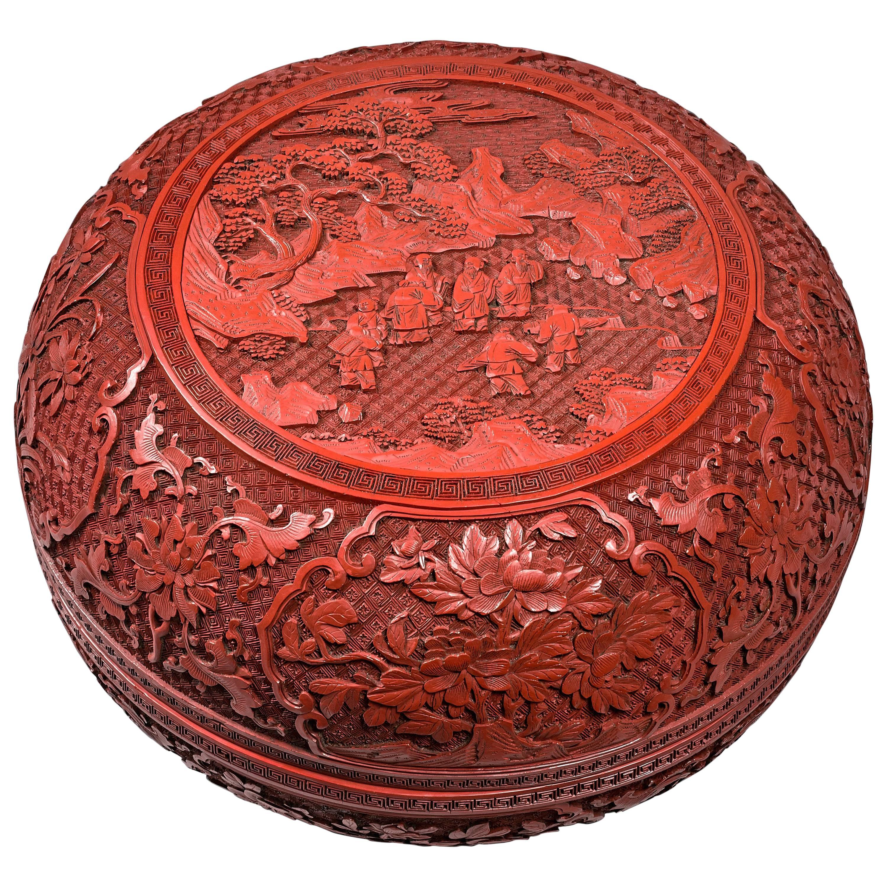 Chinese, Early 19th Century Round Beijing Red Lacquer Box and Cover For Sale