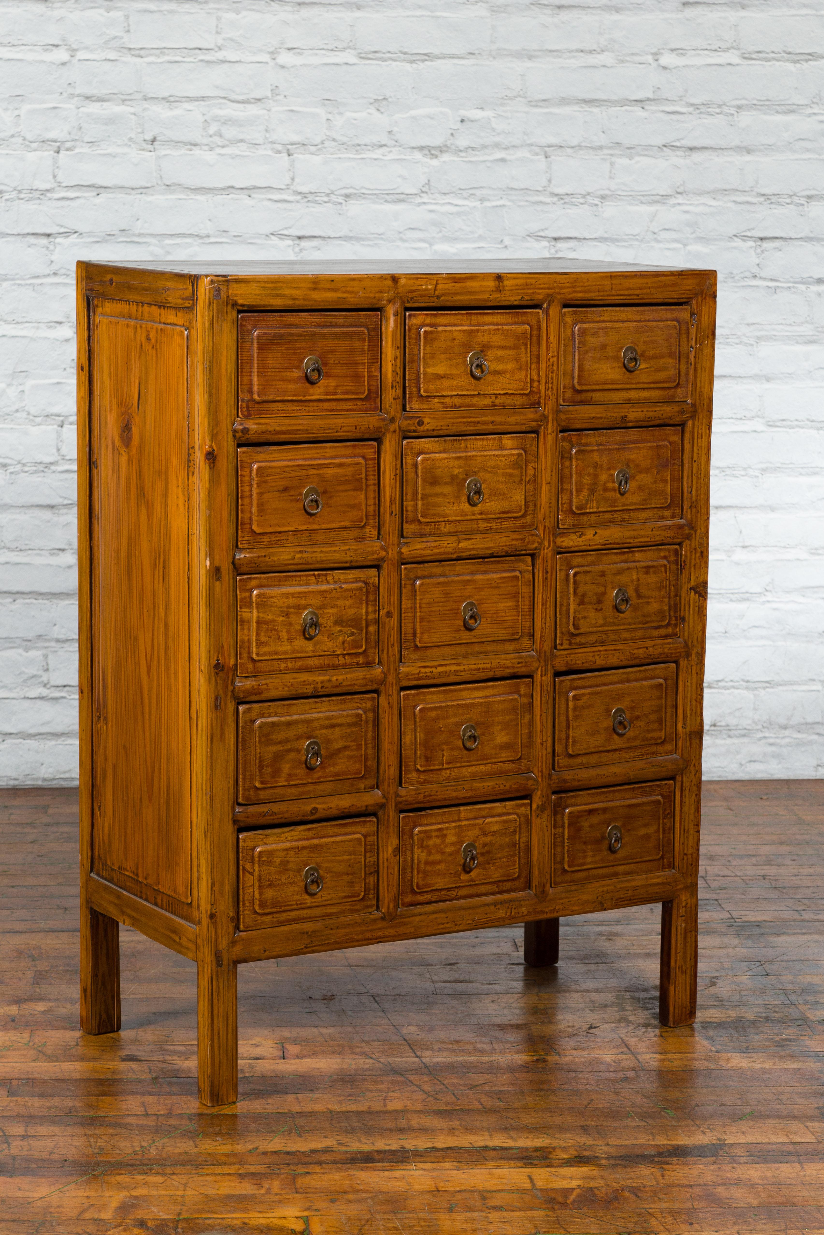 Chinese Early 20th Century Apothecary Cabinet with 15 Drawers and Brown Patina 6