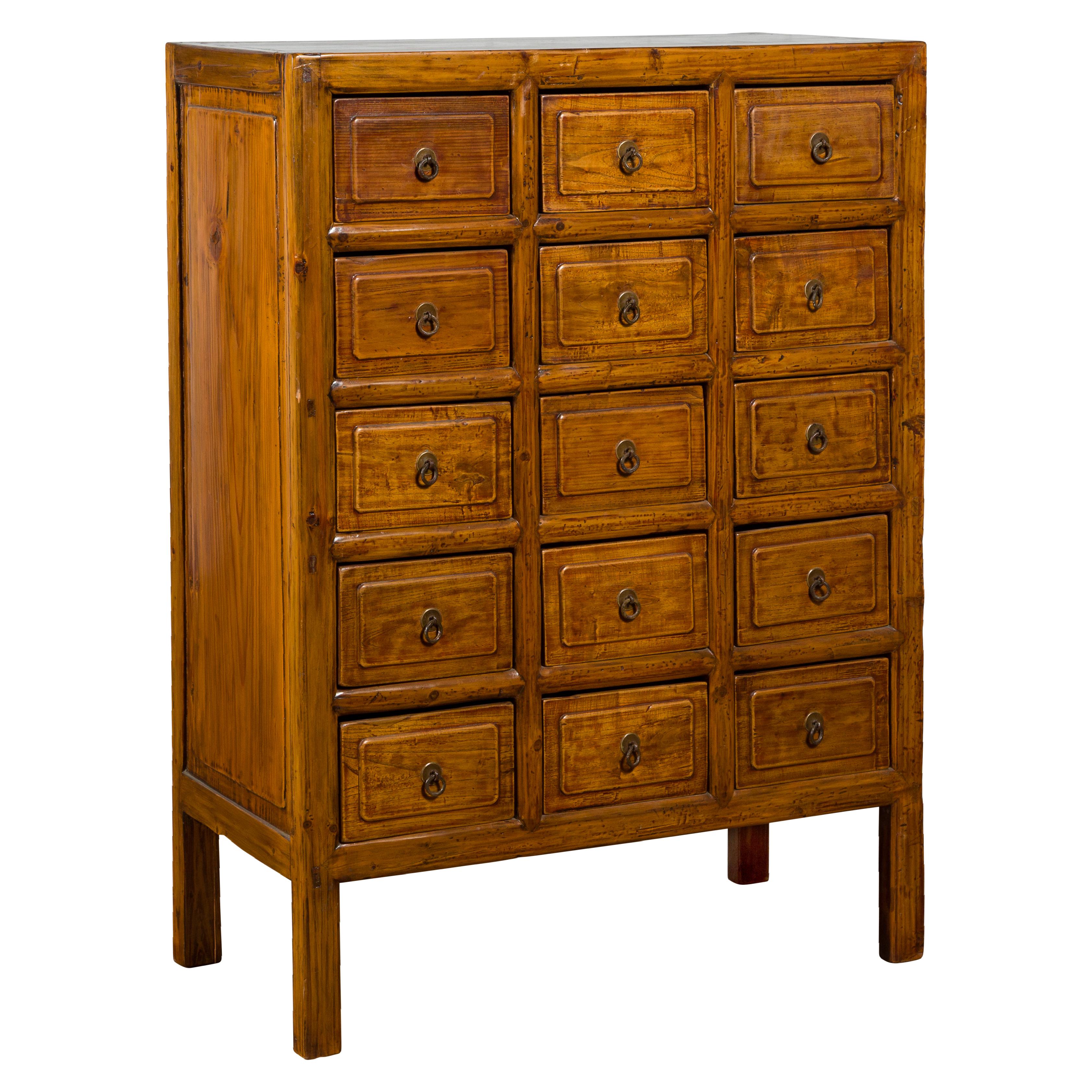 Chinese Early 20th Century Apothecary Cabinet with 15 Drawers and Brown Patina 11