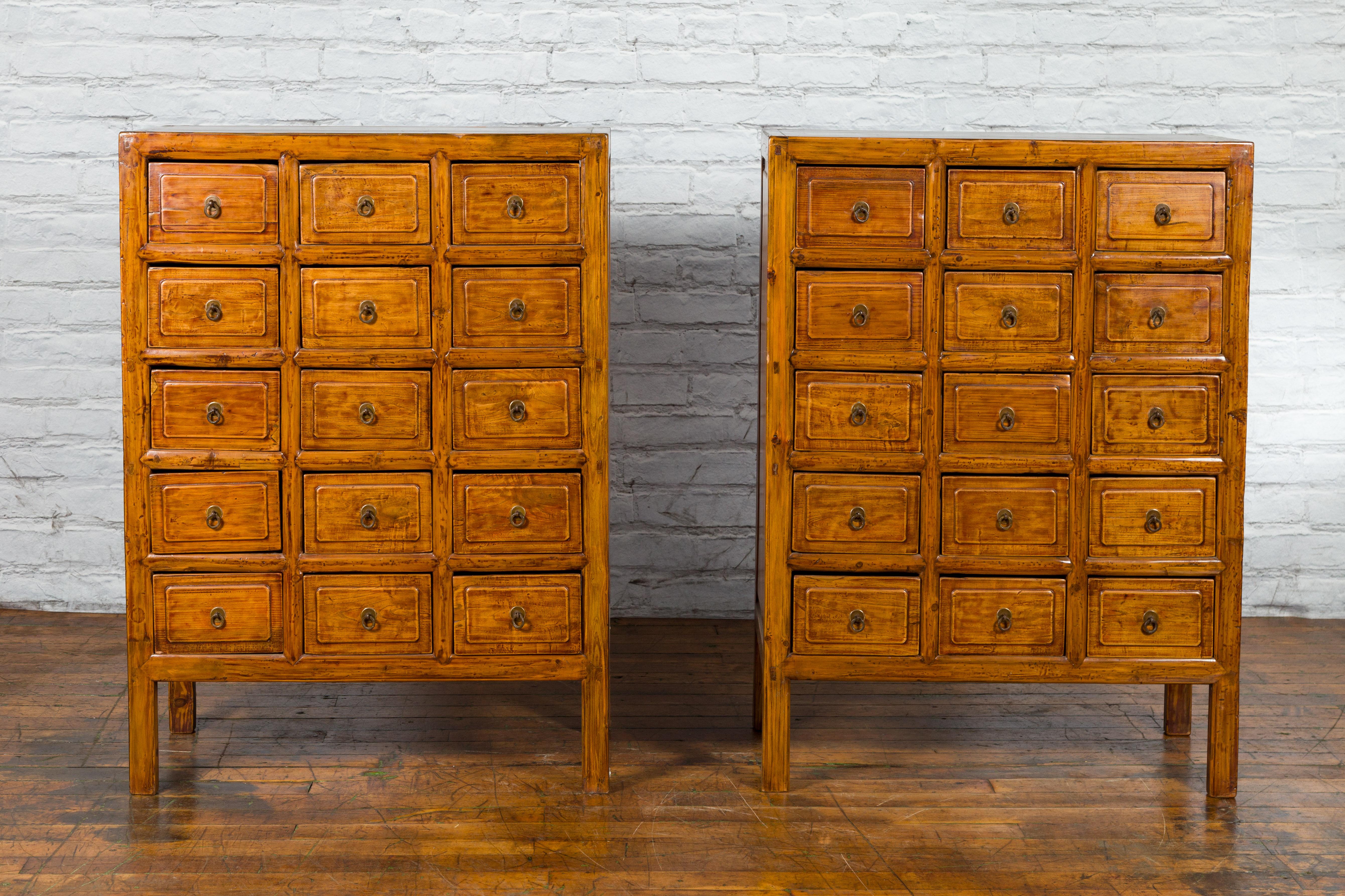 Carved Chinese Early 20th Century Apothecary Cabinet with 15 Drawers and Brown Patina