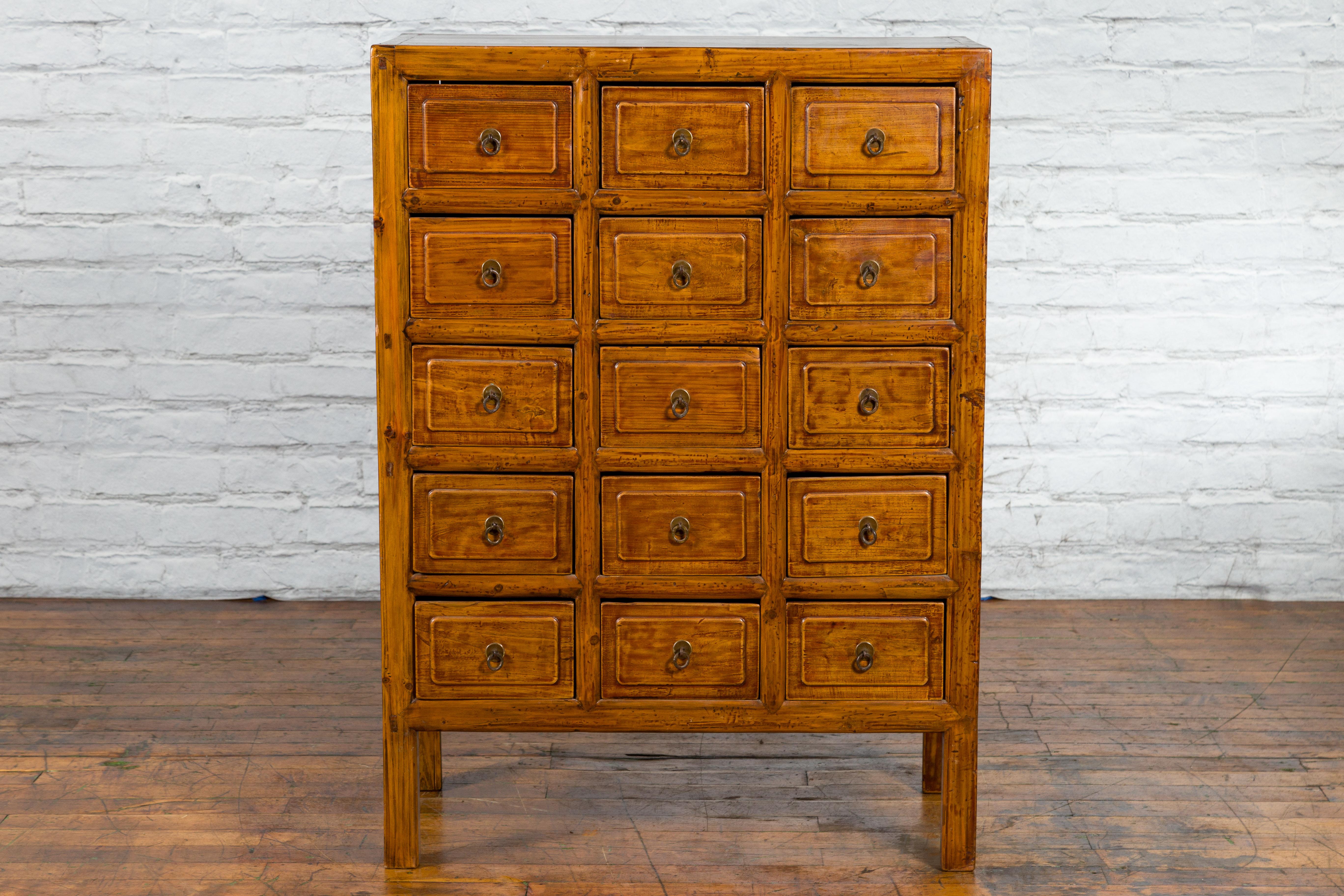 Chinese Early 20th Century Apothecary Cabinet with 15 Drawers and Brown Patina In Good Condition In Yonkers, NY