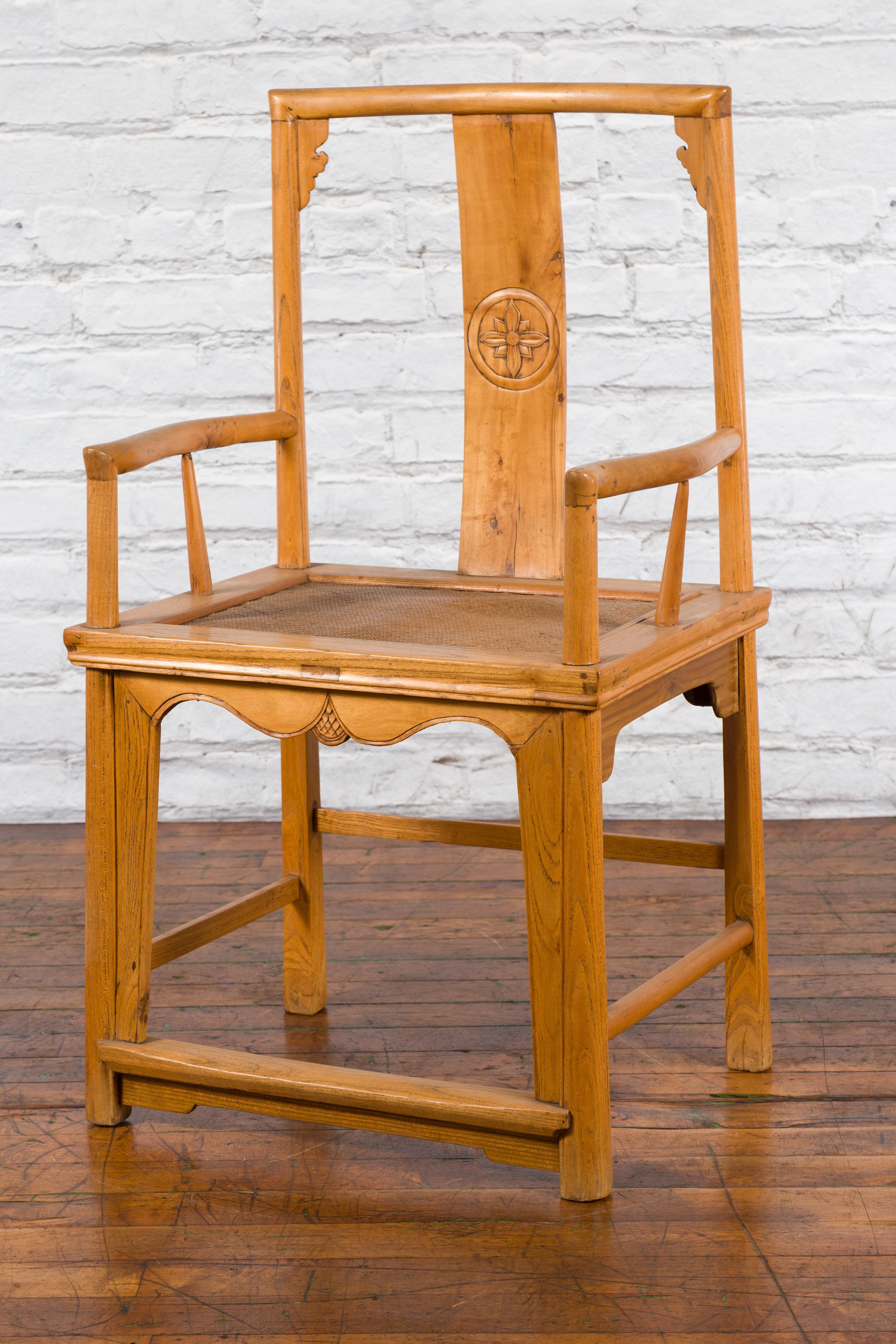 Chinese Early 20th Century Armchair with Hand-Carved Medallion and Rattan Seat For Sale 11