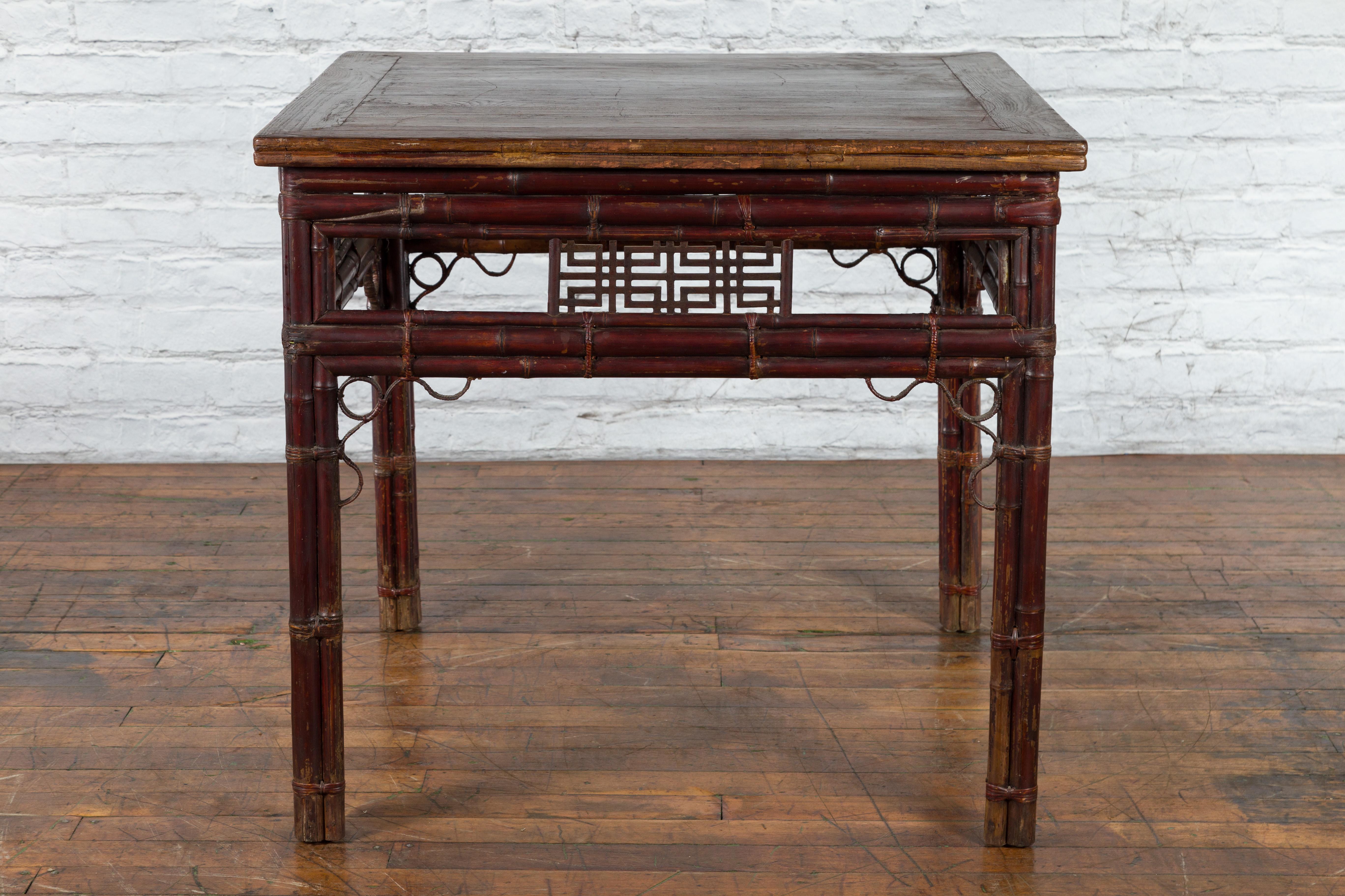 Early 20th Century Bamboo and Elm Wine Table with Rattan Looping Accents For Sale 4