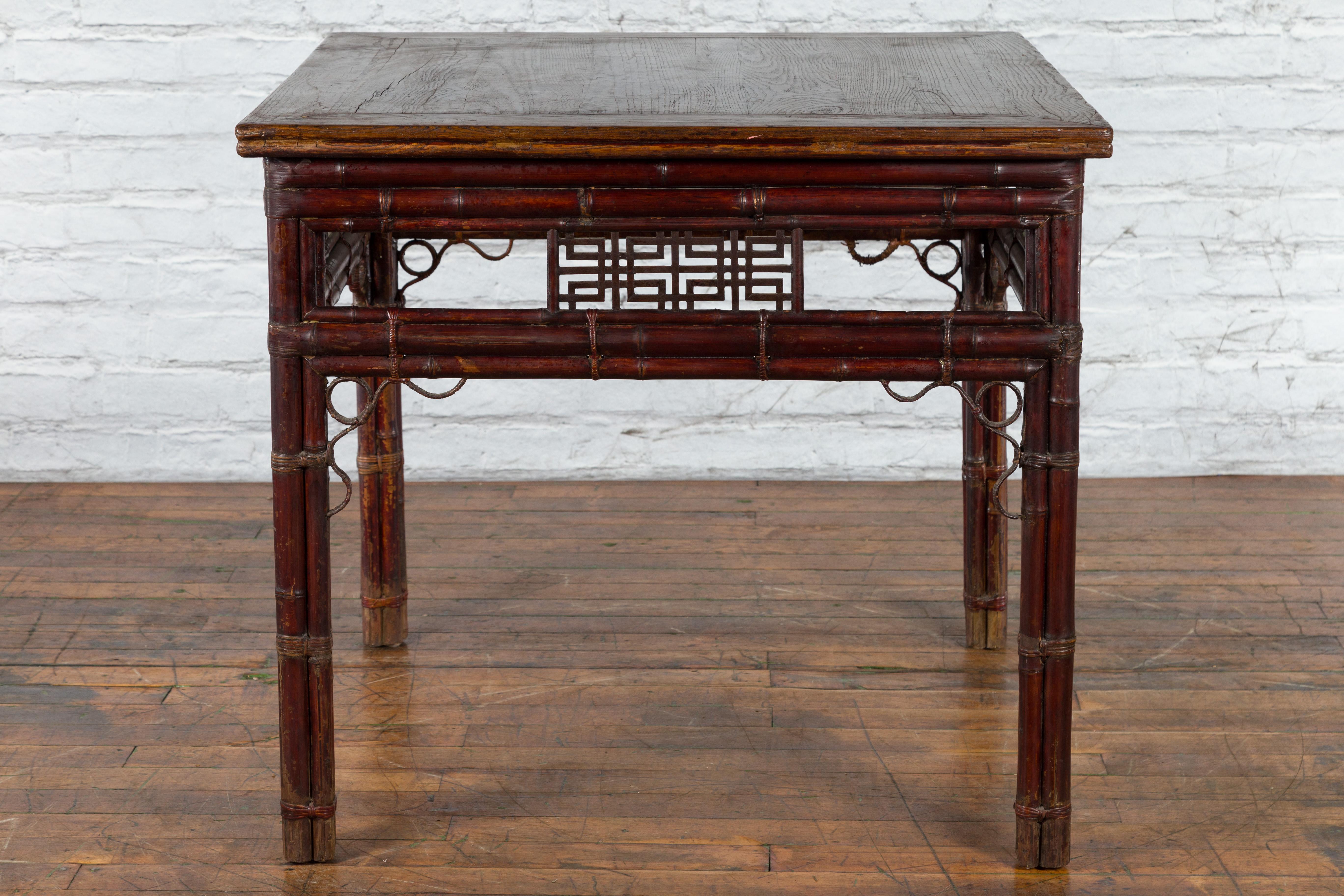 Chinese Early 20th Century Bamboo and Elm Wine Table with Rattan Looping Accents For Sale 6