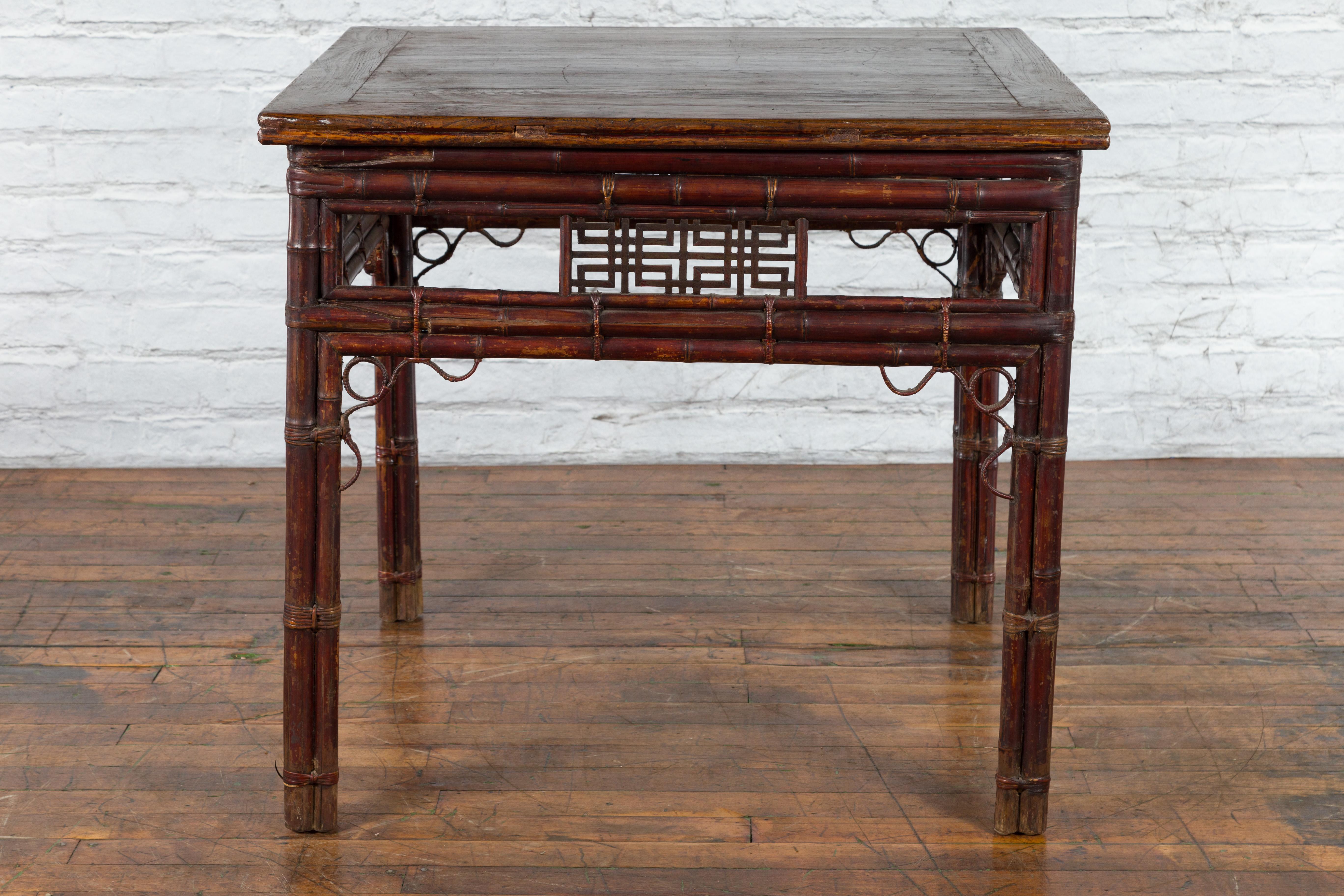 Chinese Early 20th Century Bamboo and Elm Wine Table with Rattan Looping Accents For Sale 7