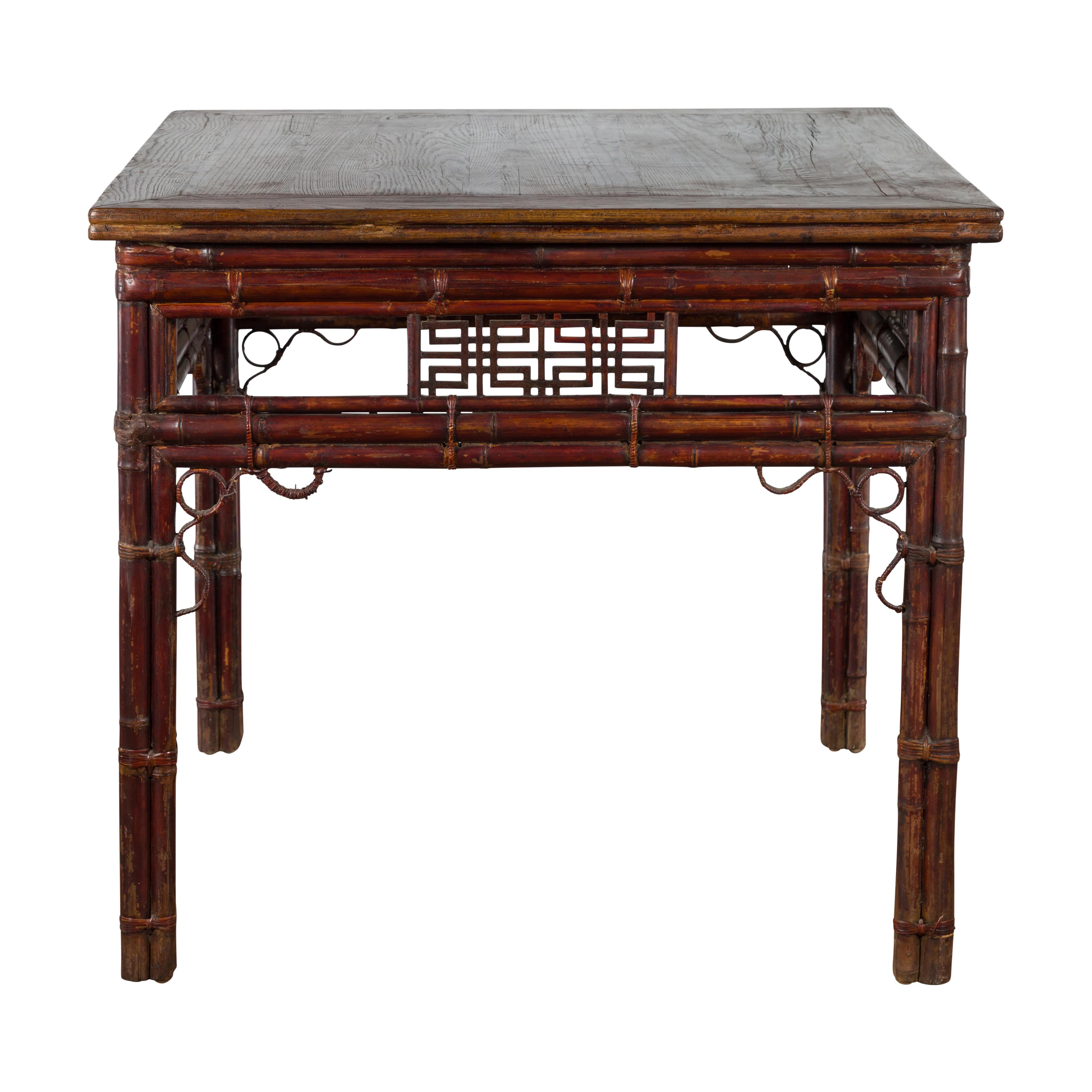 Early 20th Century Bamboo and Elm Wine Table with Rattan Looping Accents For Sale 7