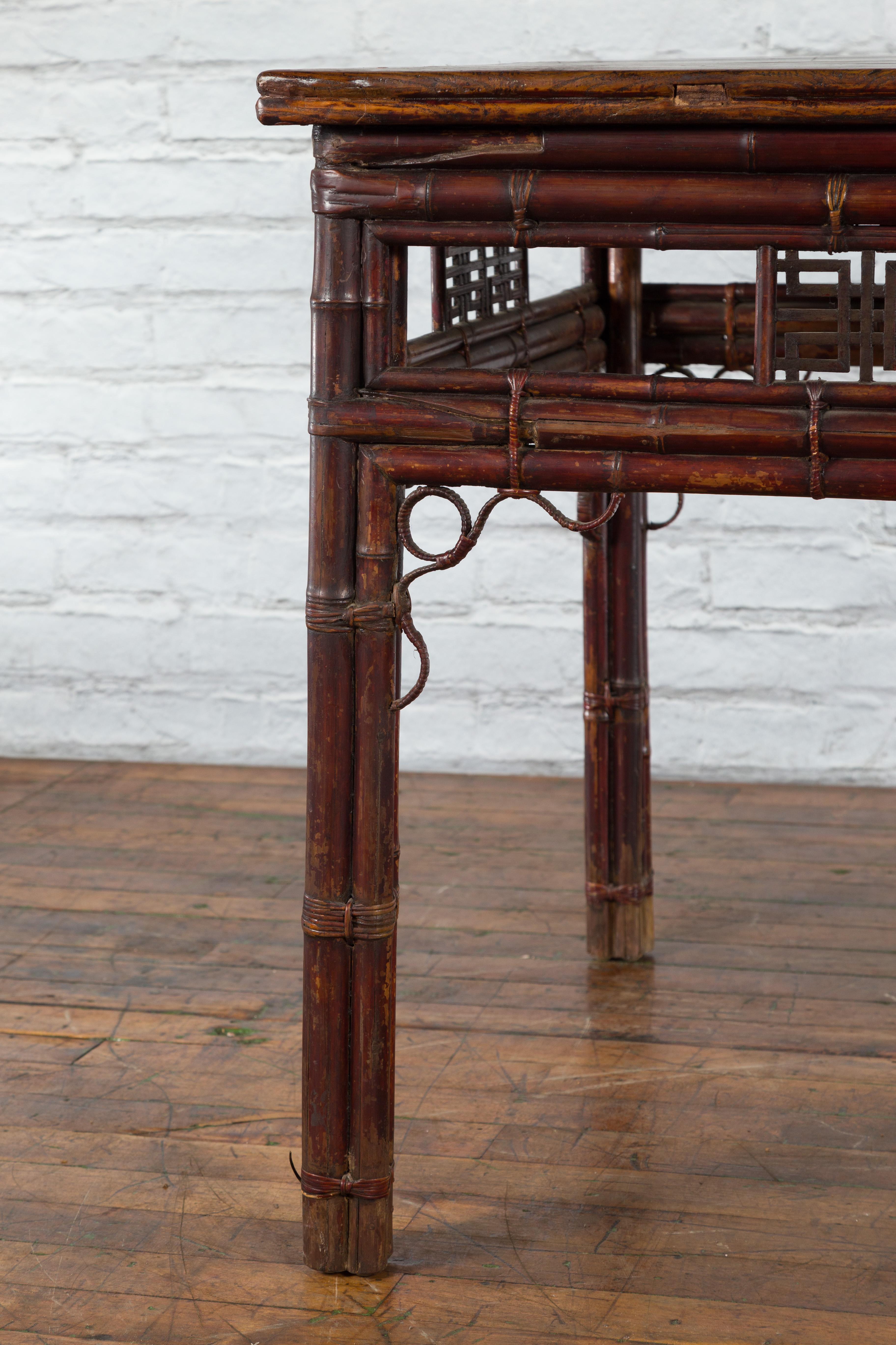 Early 20th Century Bamboo and Elm Wine Table with Rattan Looping Accents For Sale 1