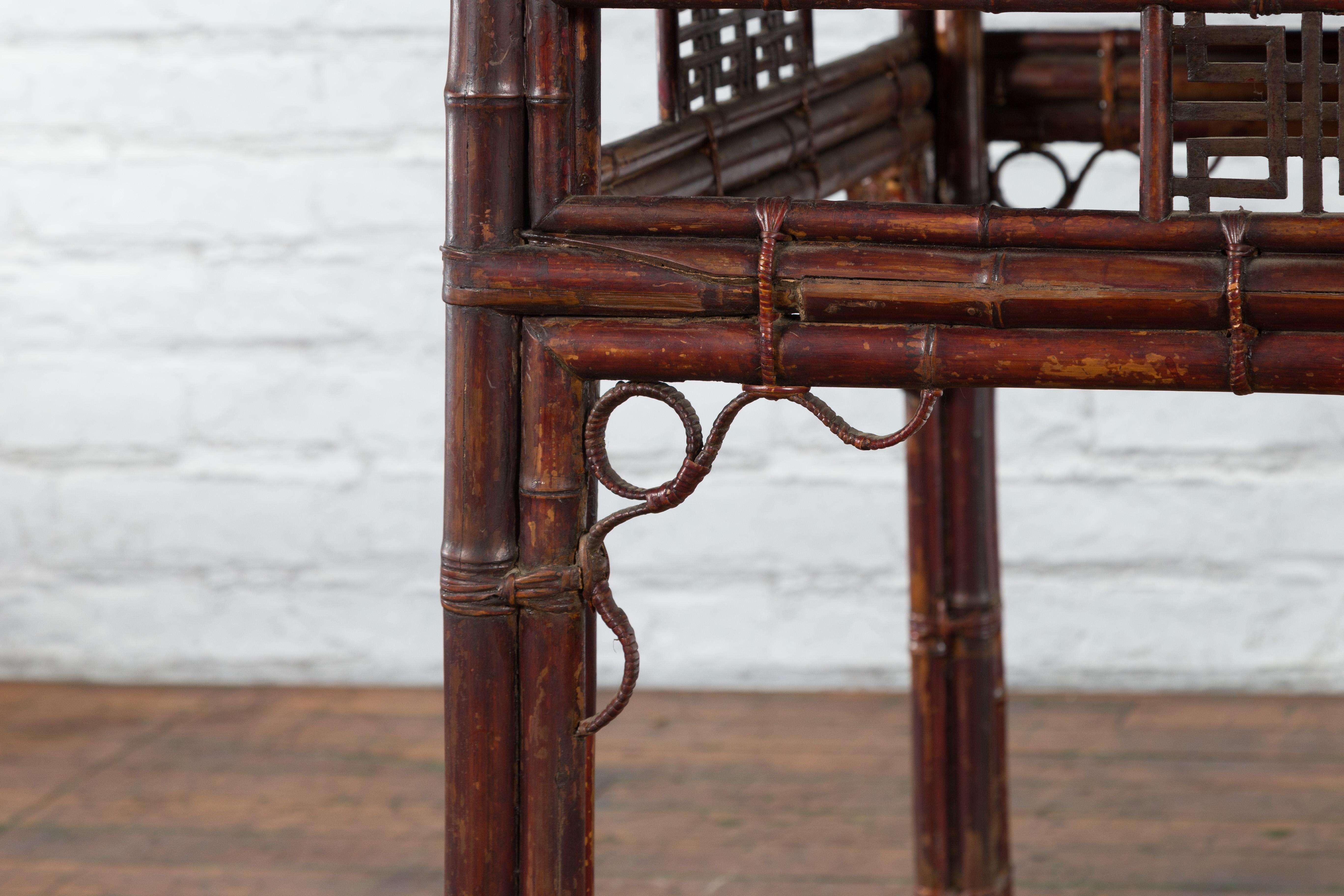Early 20th Century Bamboo and Elm Wine Table with Rattan Looping Accents For Sale 2
