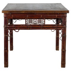 Chinese Early 20th Century Bamboo and Elm Wine Table with Rattan Looping Accents