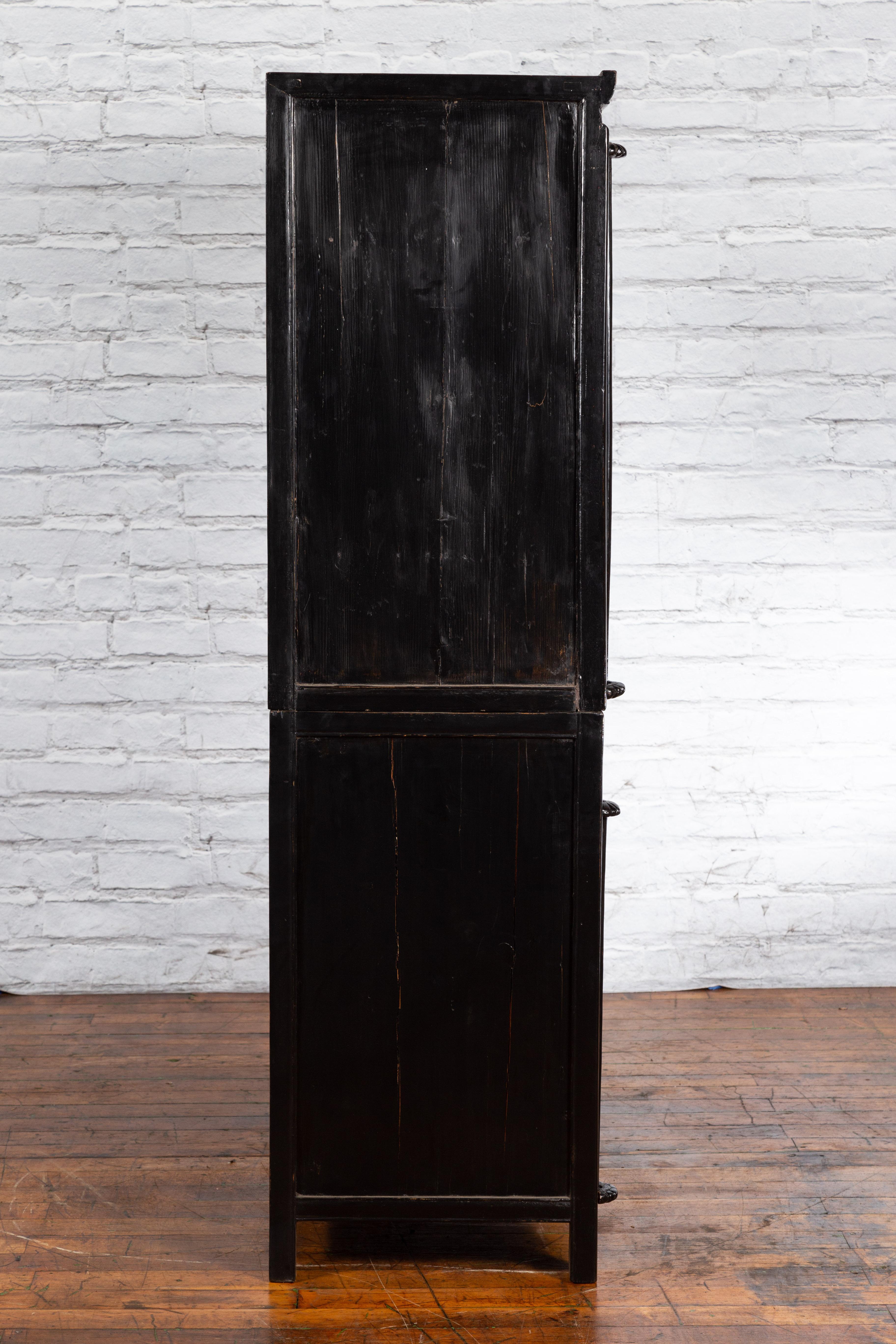 Chinese Early 20th Century Black and Brown Lacquer Cabinet with Doors, Drawers For Sale 2