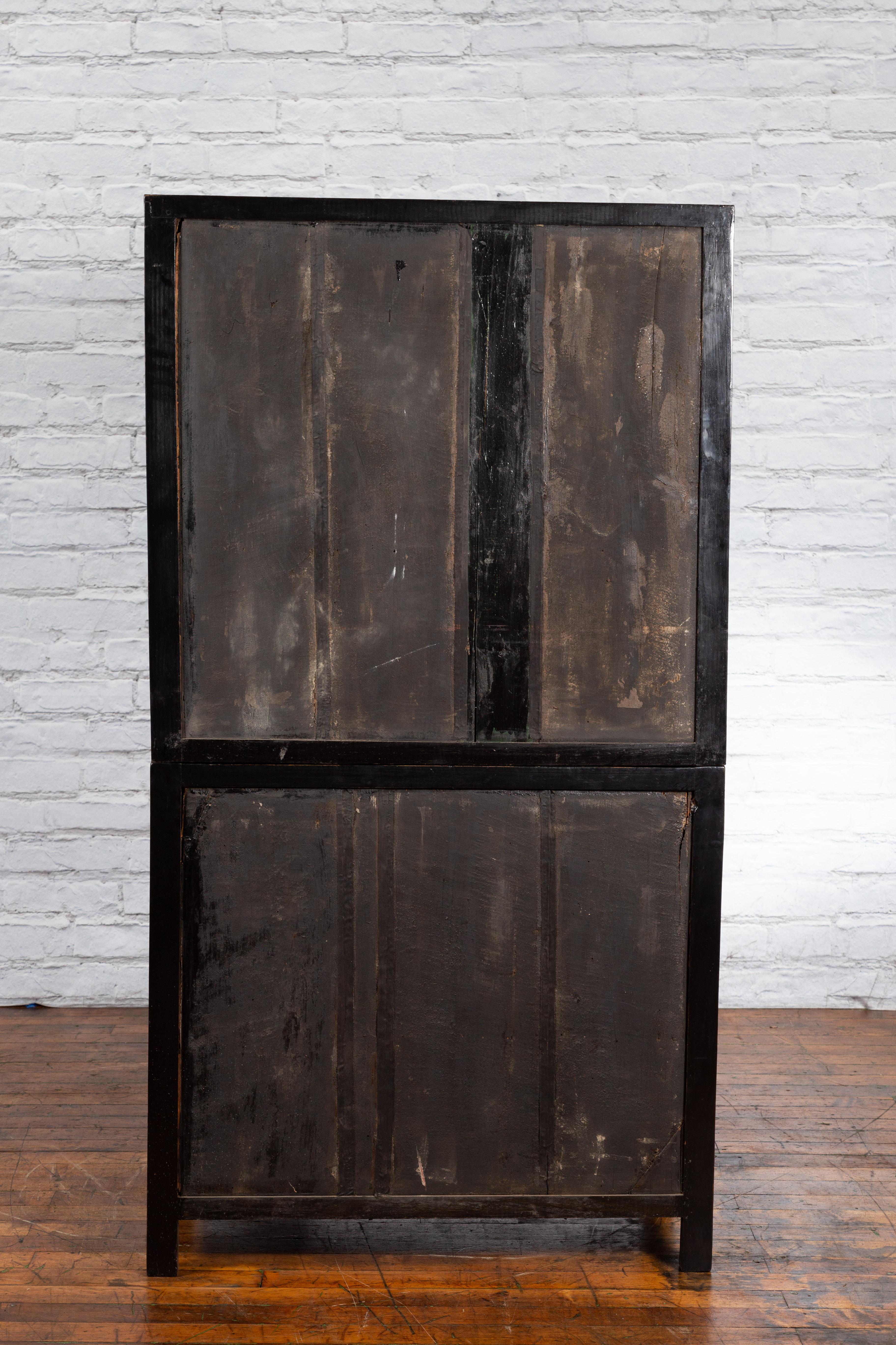 Chinese Early 20th Century Black and Brown Lacquer Cabinet with Doors, Drawers For Sale 3