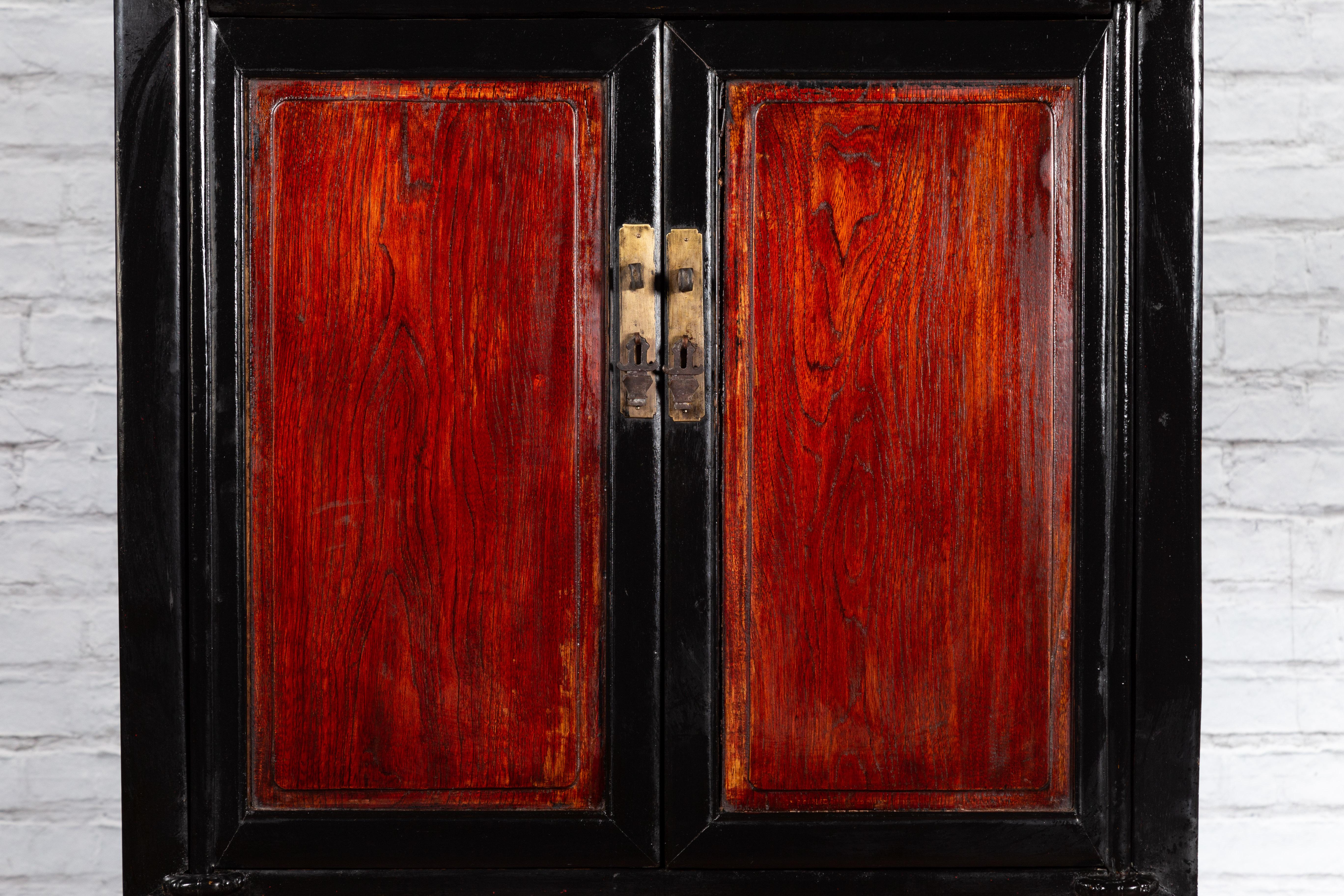 Lacquered Chinese Early 20th Century Black and Brown Lacquer Cabinet with Doors, Drawers For Sale