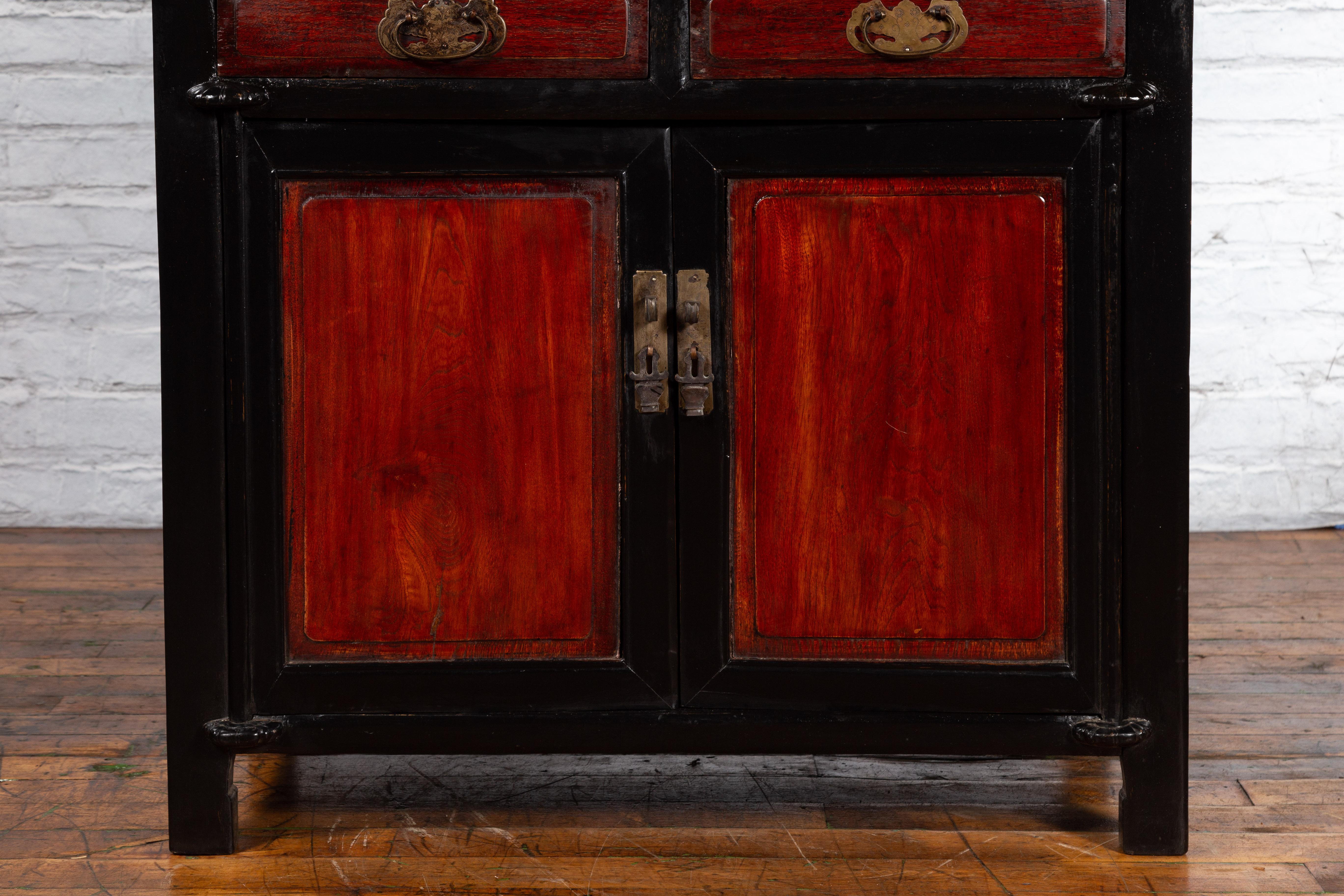 Brass Chinese Early 20th Century Black and Brown Lacquer Cabinet with Doors, Drawers For Sale