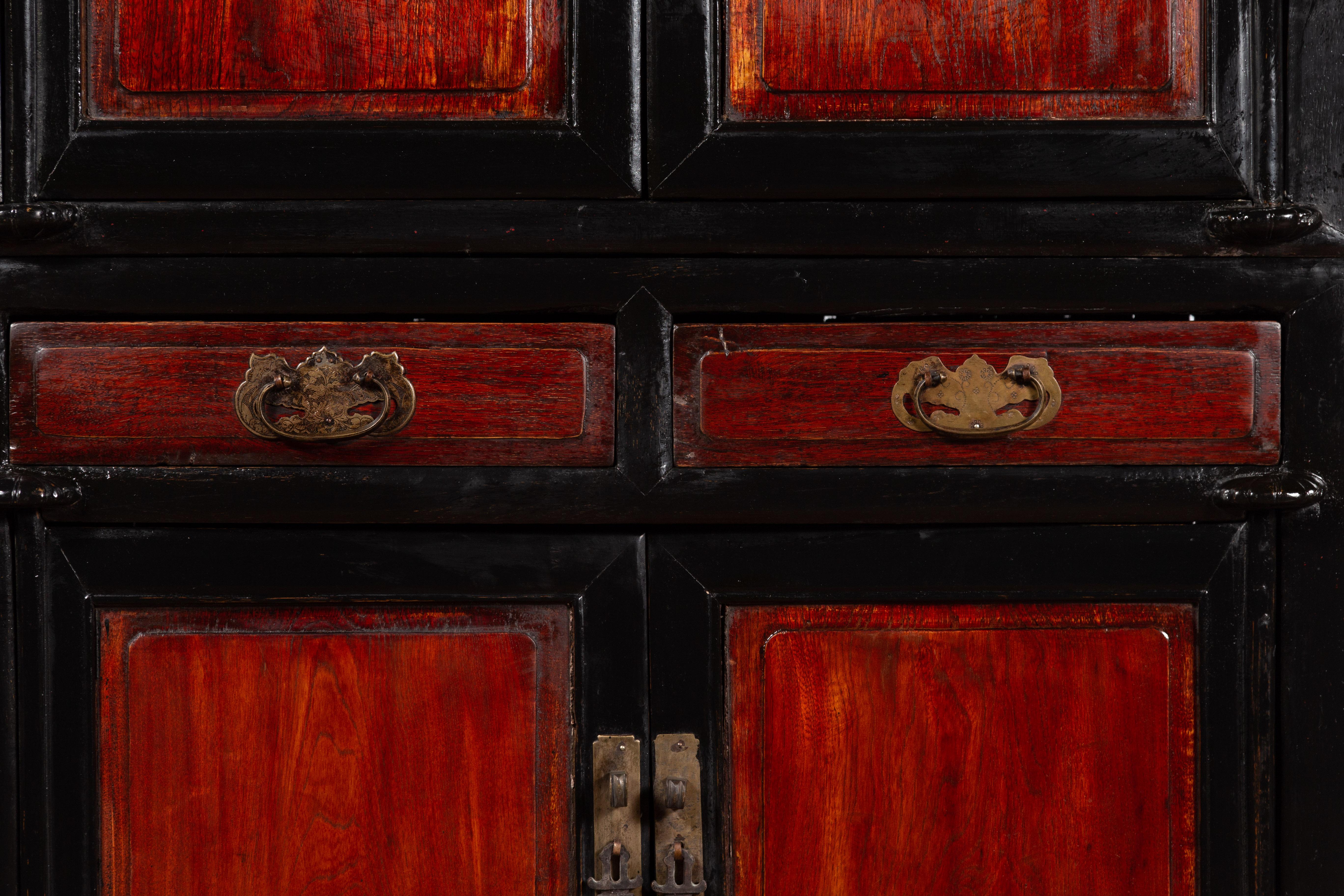 Chinese Early 20th Century Black and Brown Lacquer Cabinet with Doors, Drawers For Sale 1