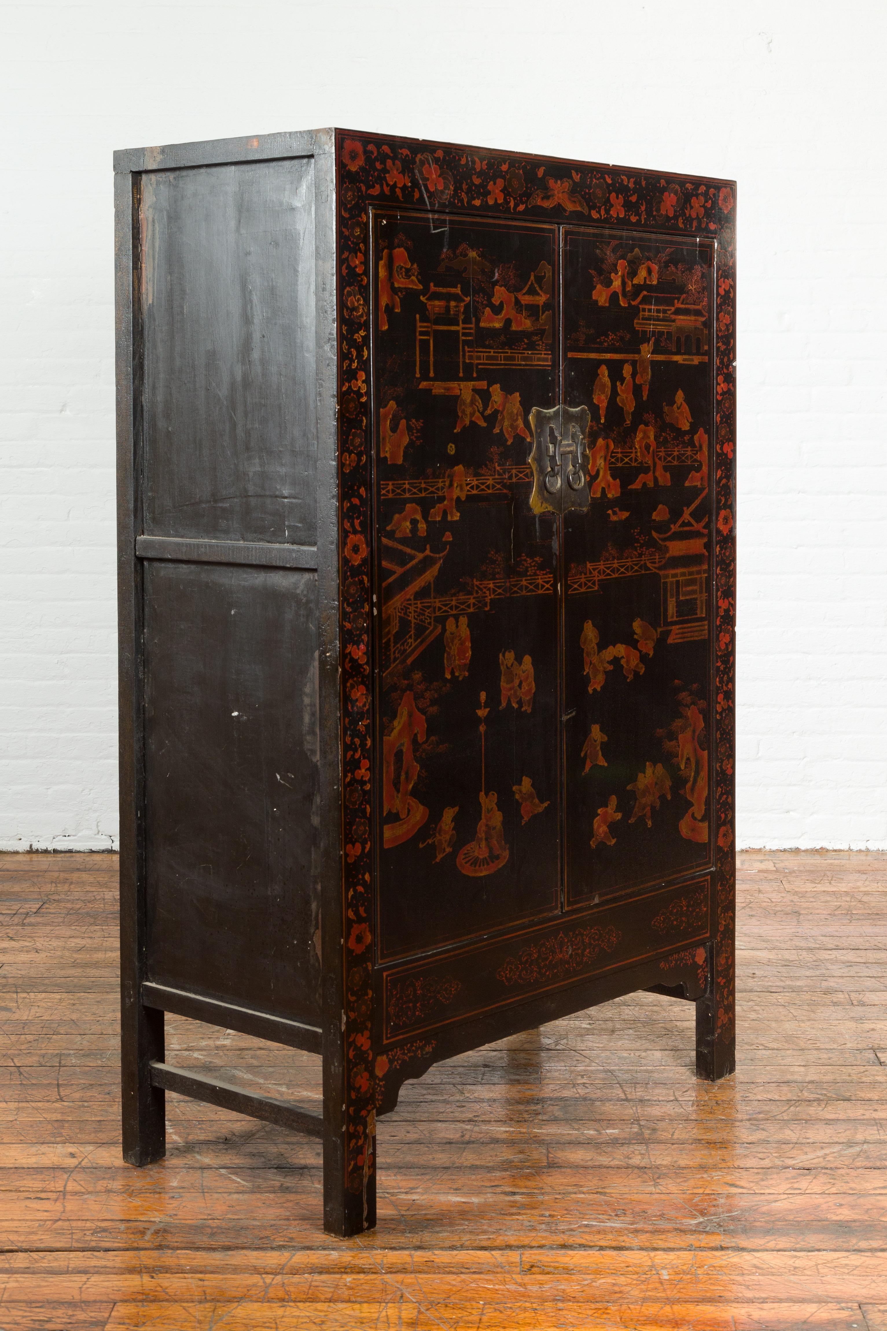 Lacquered Chinese Early 20th Century Black Lacquer Cabinet with Chinoiserie Décor