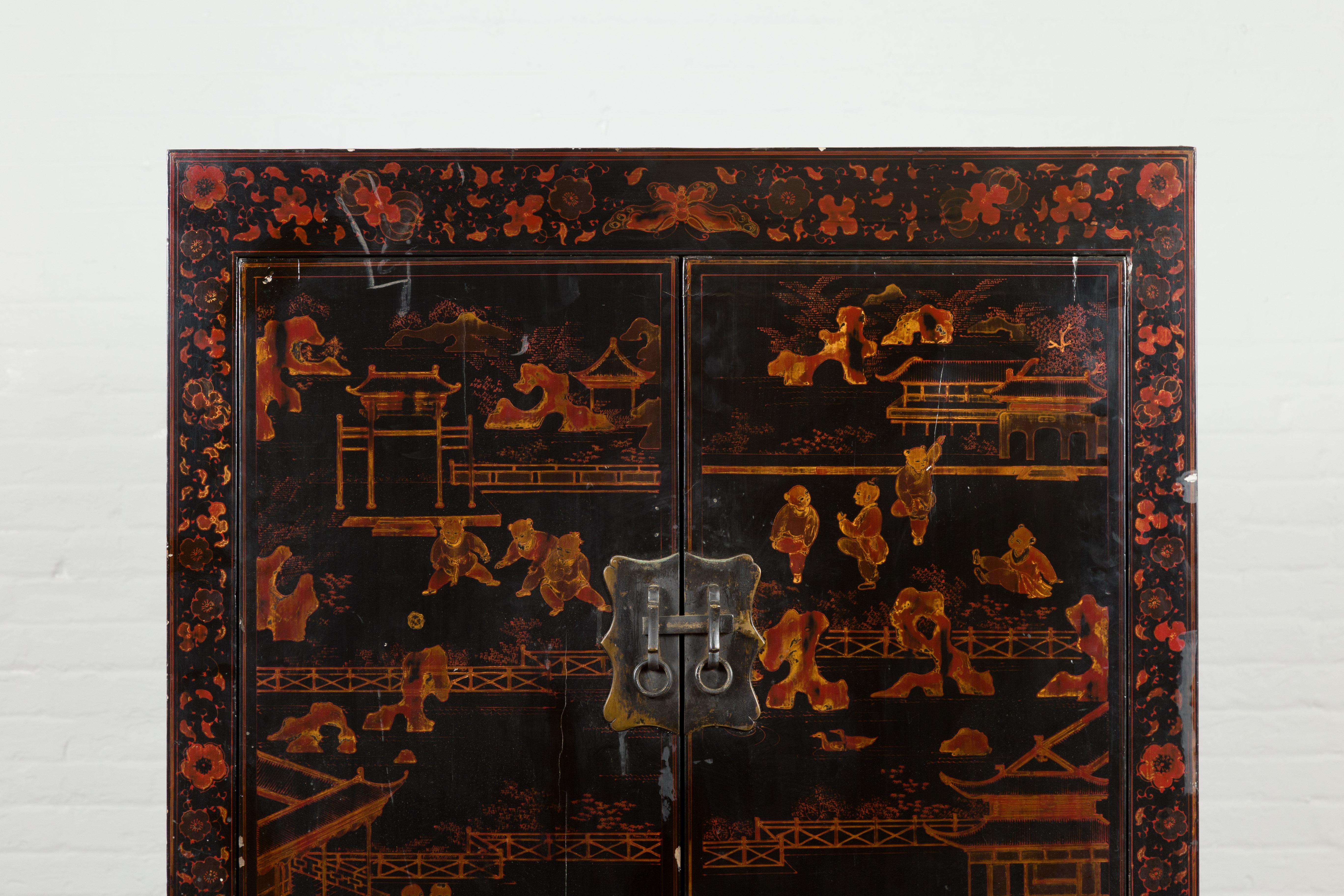 Wood Chinese Early 20th Century Black Lacquer Cabinet with Chinoiserie Décor