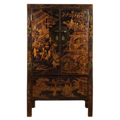 Chinese Early 20th Century Black Lacquer Cabinet with Chinoiserie Décor