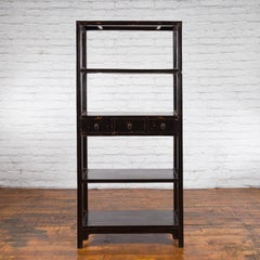 Chinese Early 20th Century Black Lacquered Bookcase with Shelves and Drawers